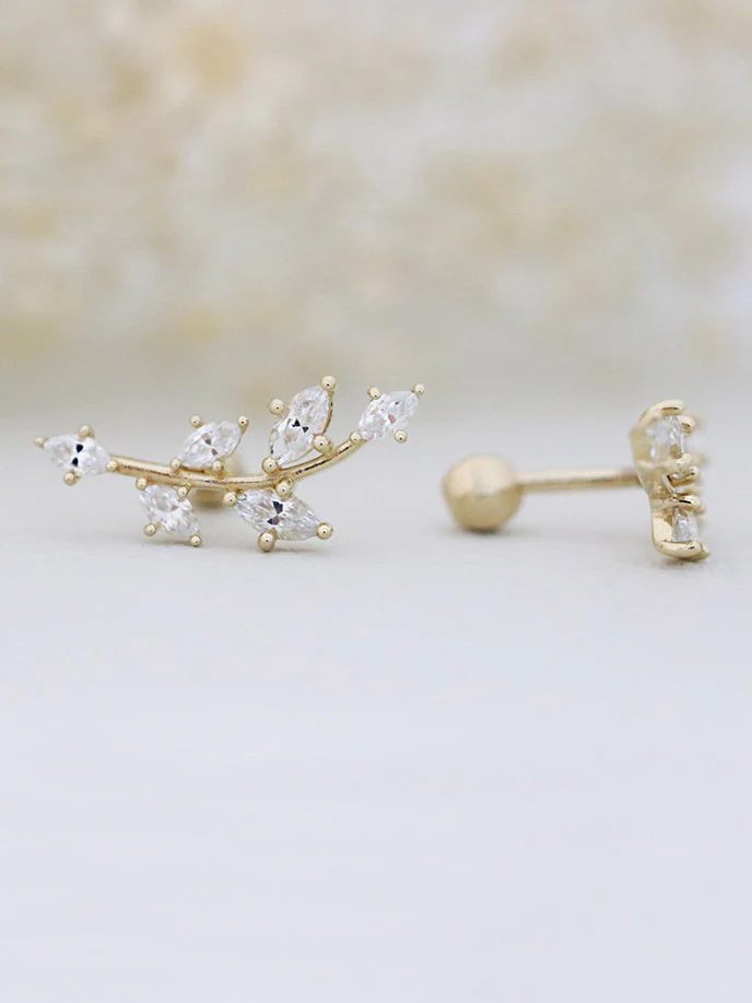 14K Gold Long Leaf CZ Cartilage Earring 18G16G - Image 2