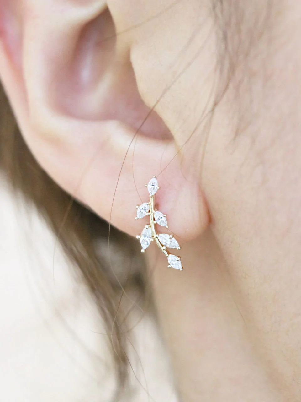 14K Gold Long Leaf CZ Cartilage Earring 18G16G - Image 7