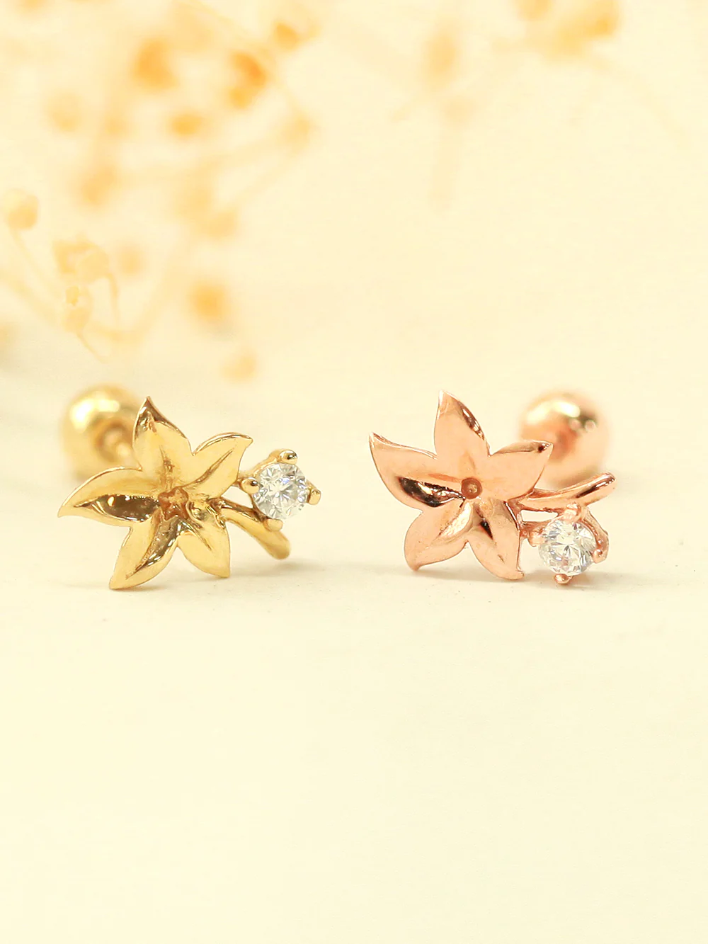 14K Gold Maple Mini Cubic Cartilage Piercing Earring 20G18G16G