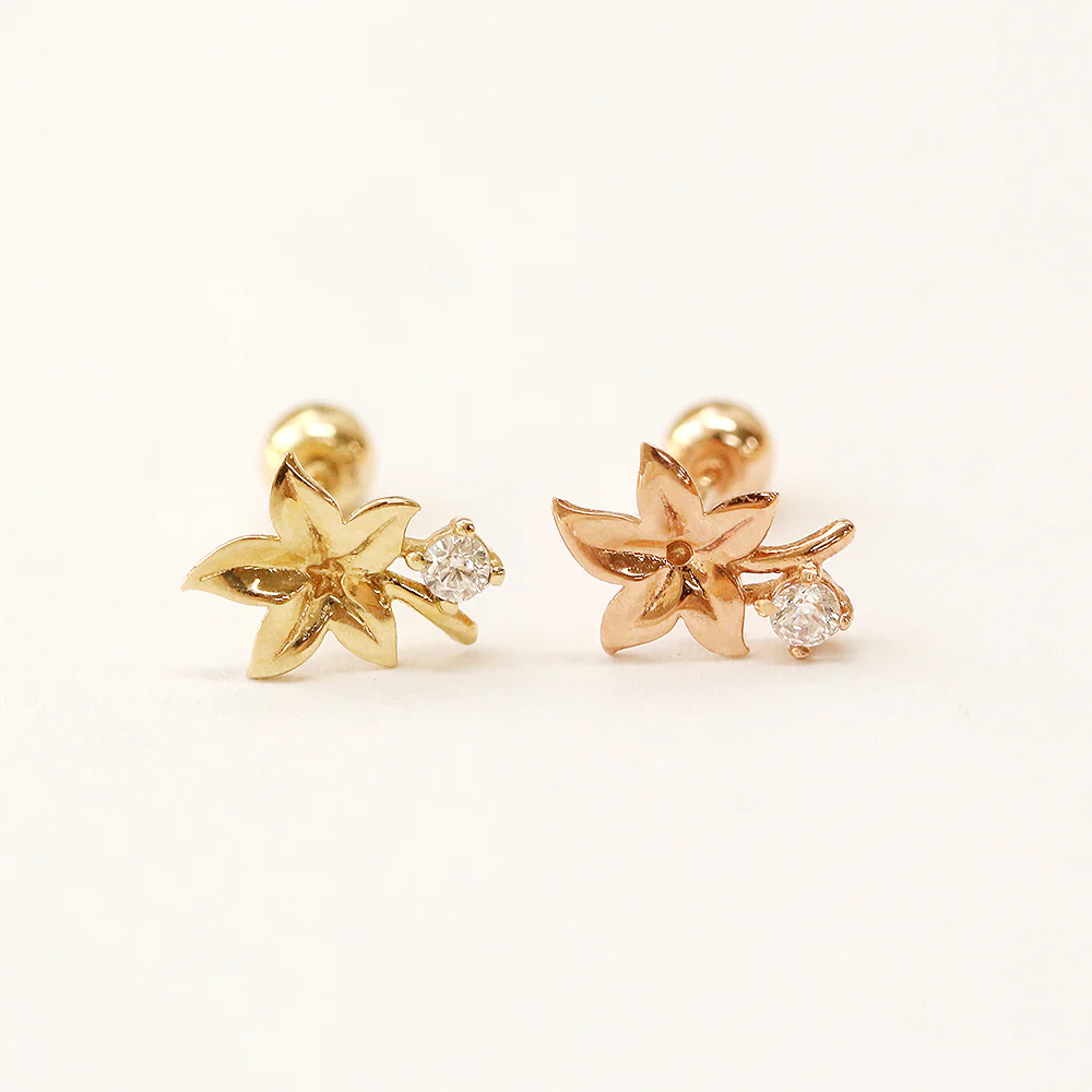14K Gold Maple Mini Cubic Cartilage Piercing Earring 20G18G16G - Image 8
