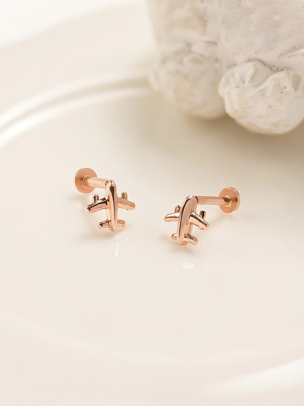 14K Gold Mini Airplane Internally Threaded Labret Piercing 18G16G - Image 9