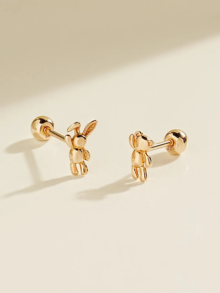 14K Gold Mini Bear & Rabbit Cartilage Earring 20G18G16G