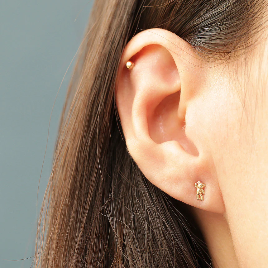 14K Gold Mini Bear & Rabbit Cartilage Earring 20G18G16G - Image 10