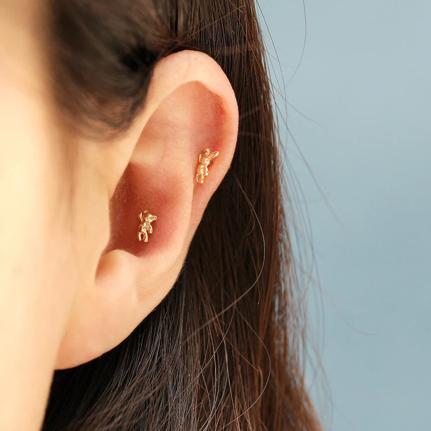 14K Gold Mini Bear & Rabbit Cartilage Earring 20G18G16G - Image 6