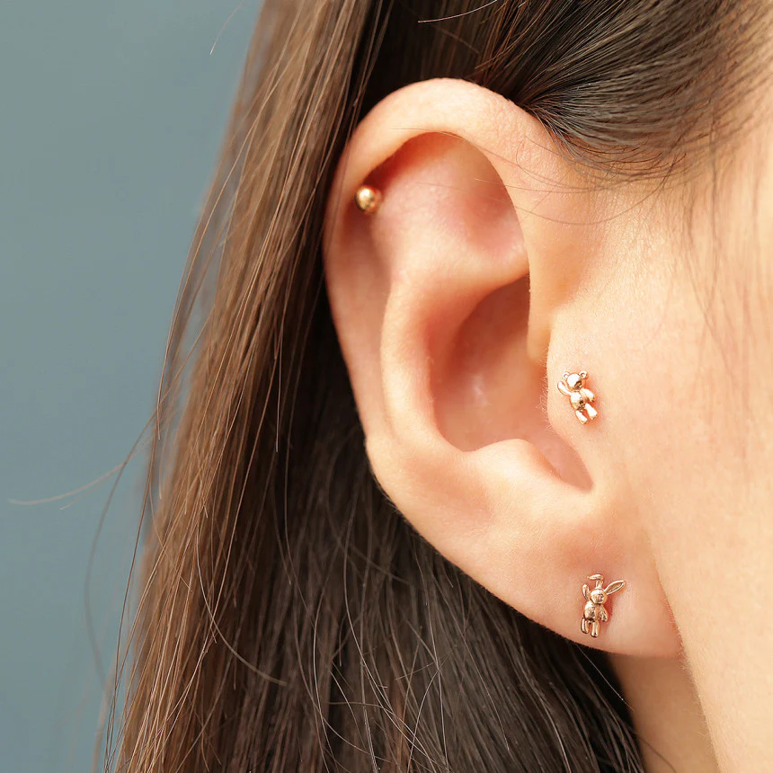 14K Gold Mini Bear & Rabbit Cartilage Earring 20G18G16G - Image 8