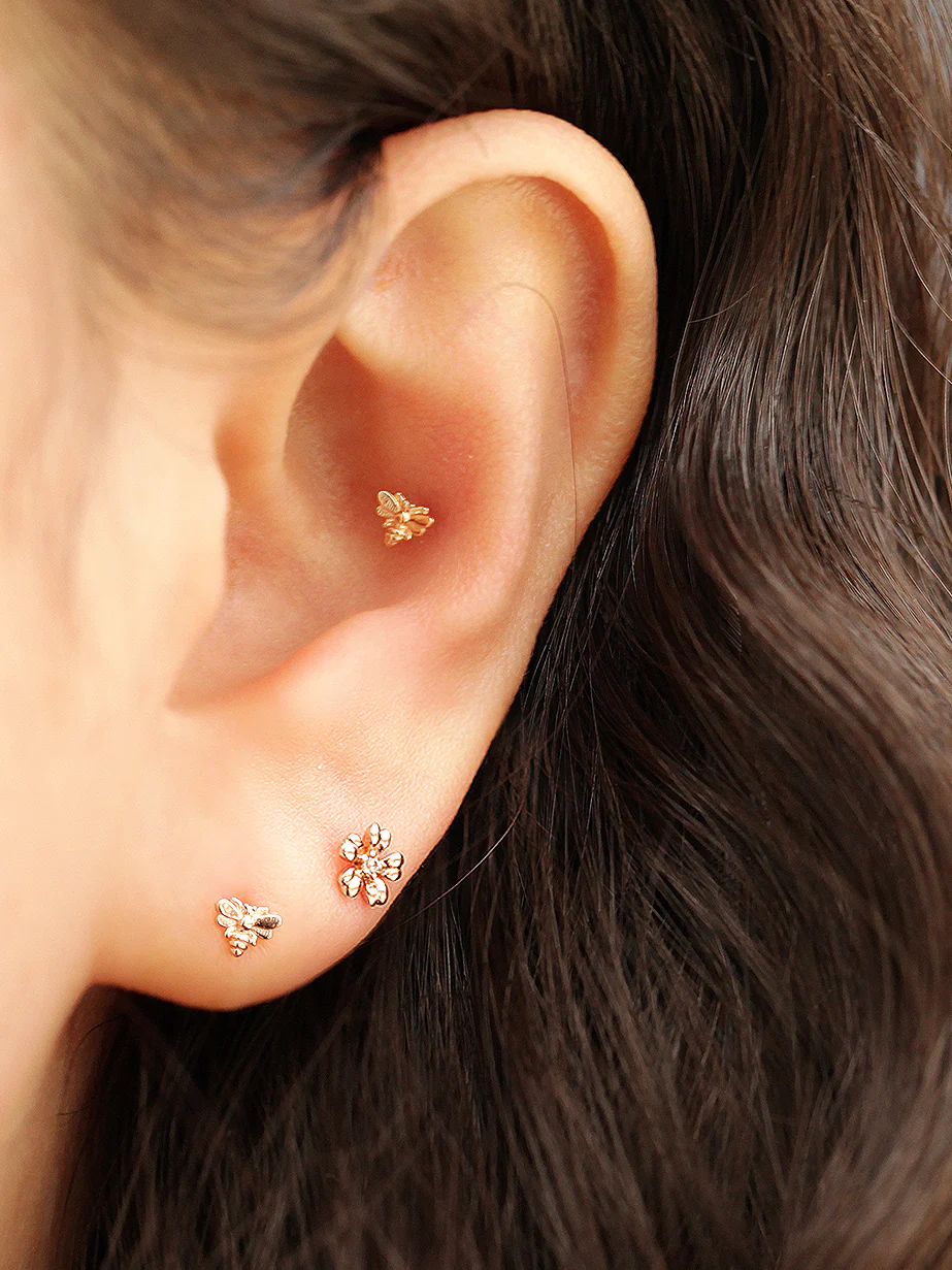 14K Gold Mini Bee Cartilage Earring 20G18G16G - Image 10