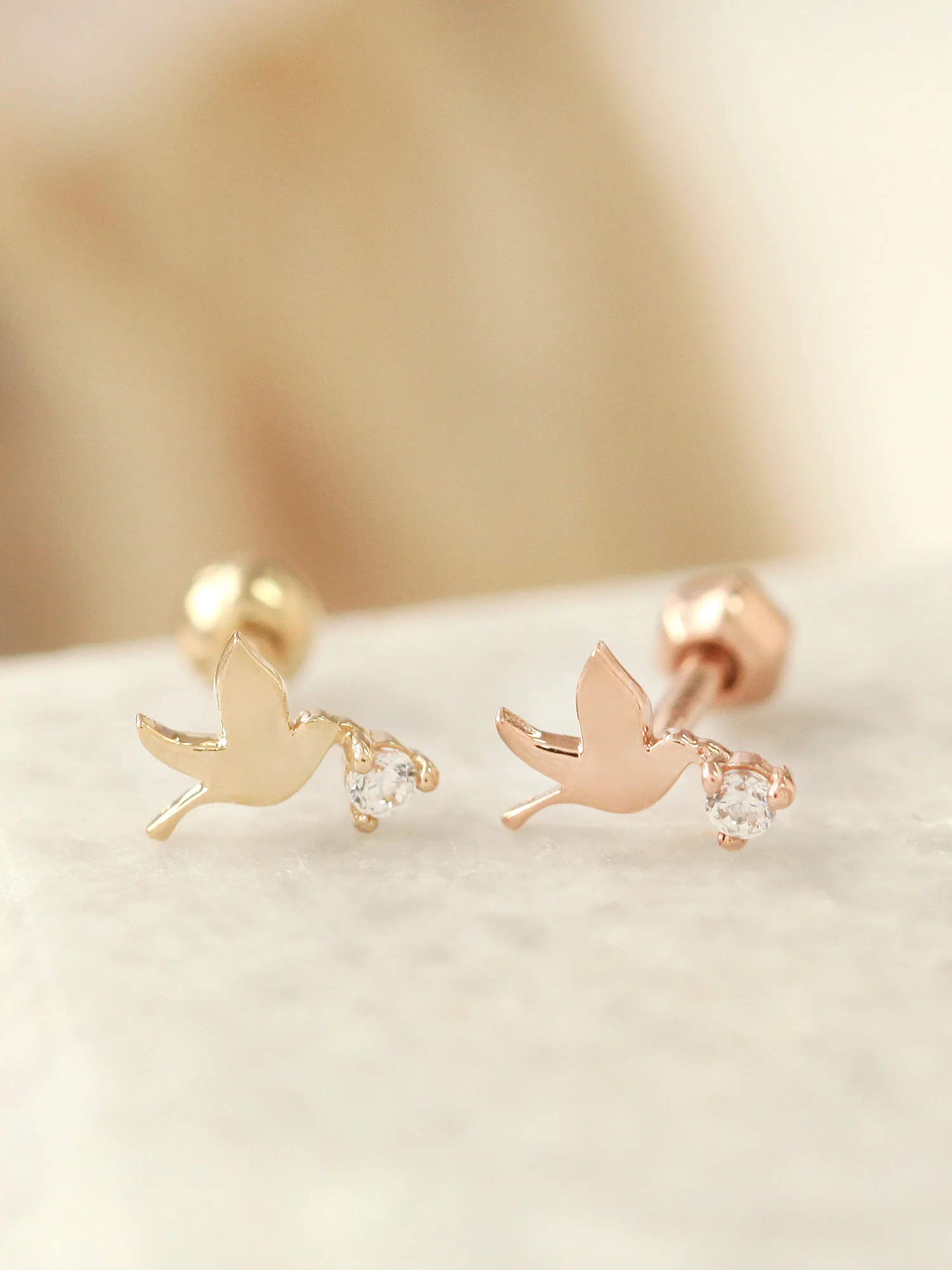14K Gold Mini Bird Cubic Cartilage Earring 18G16G - Image 2