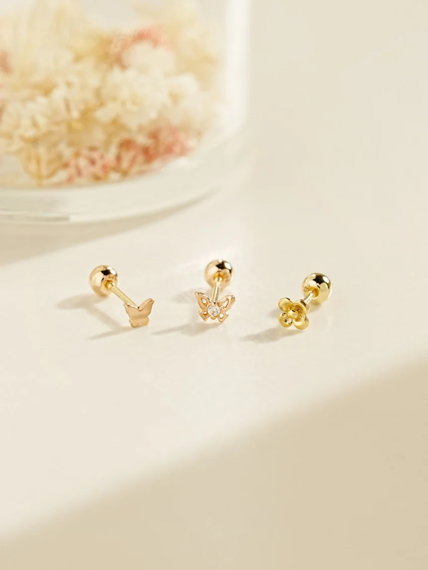 14K Gold Mini Butterfly Flower Cartilage Earring 20G18G16G - Image 3