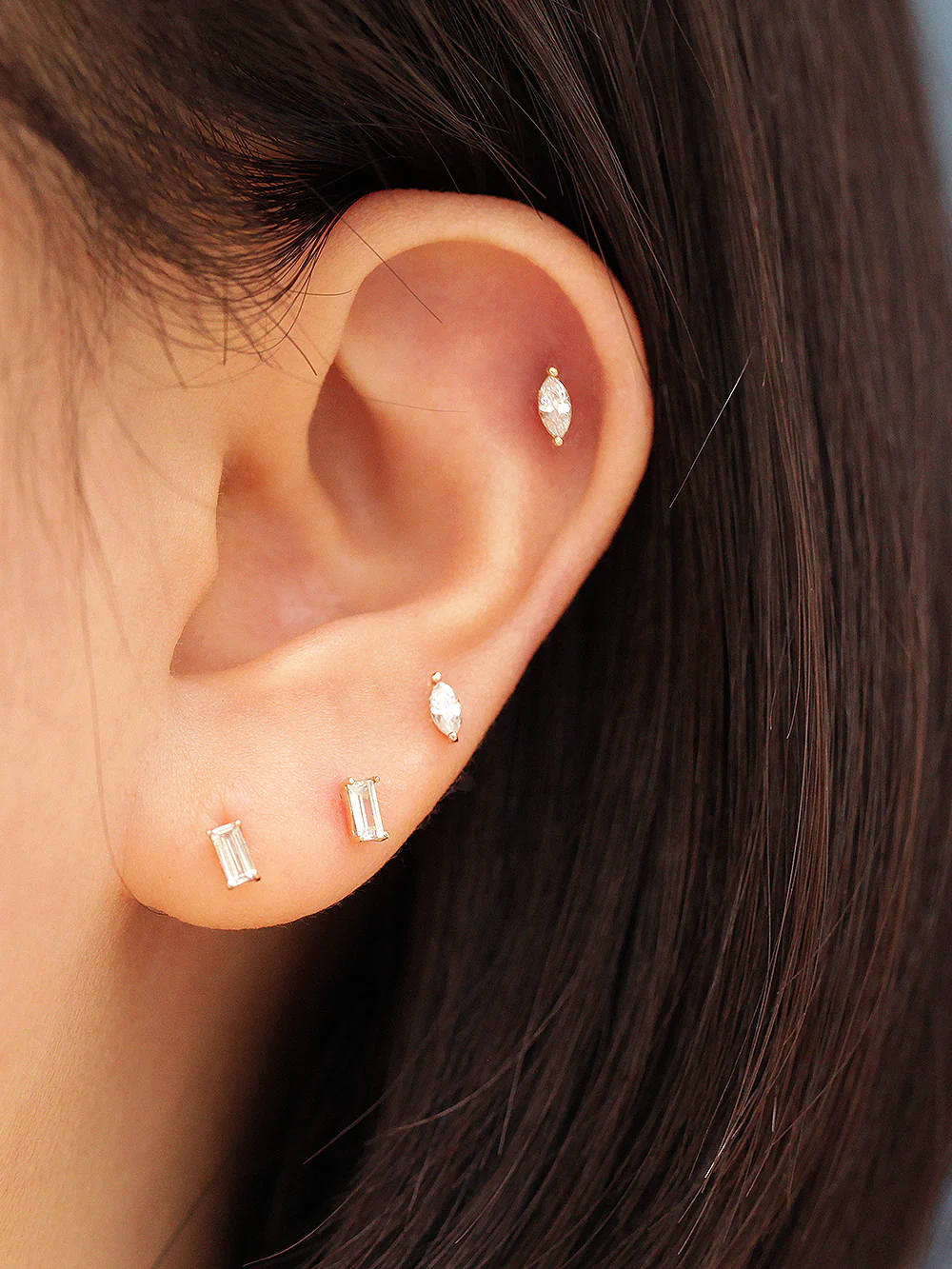 14K Gold Mini Oval Square Cubic Cartilage Earring 20G - Image 3