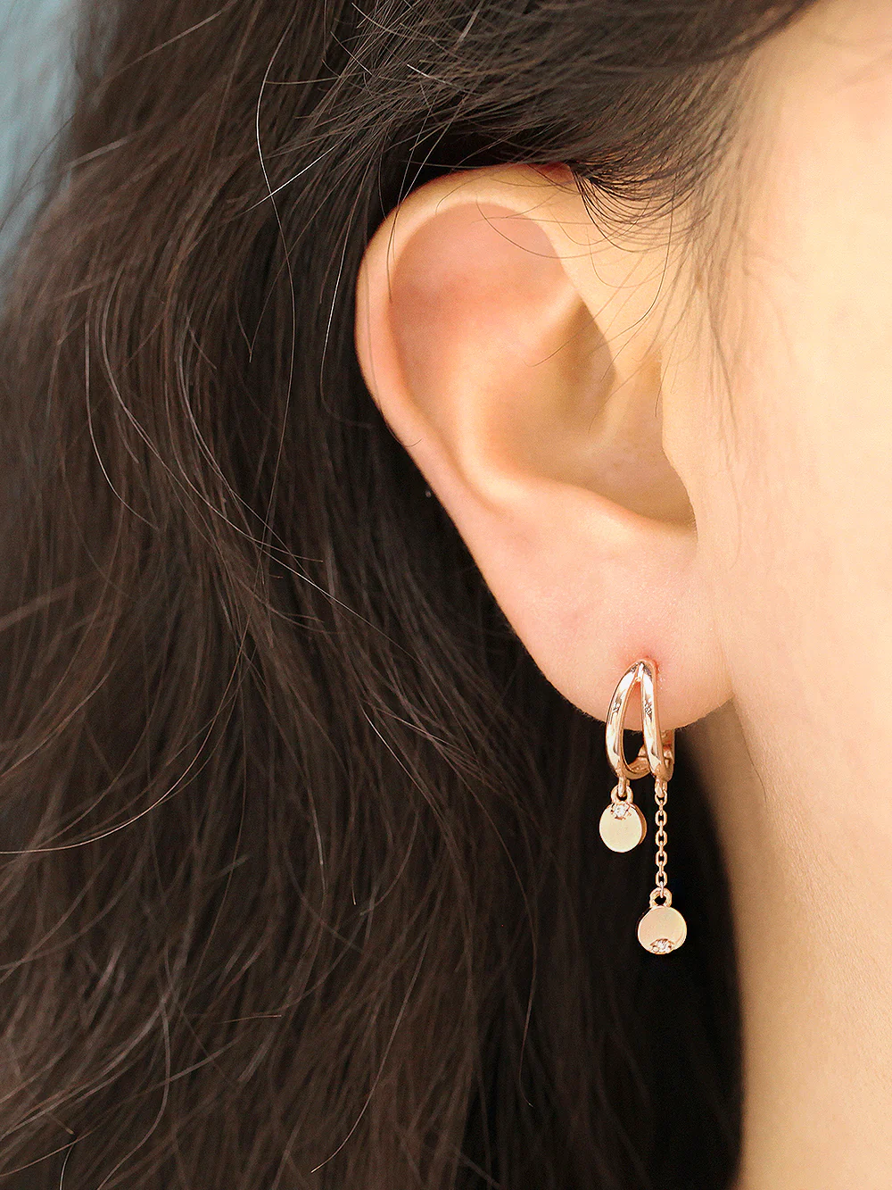 14K Gold Mini Cubic Coin Drop Chain Hoop Earring