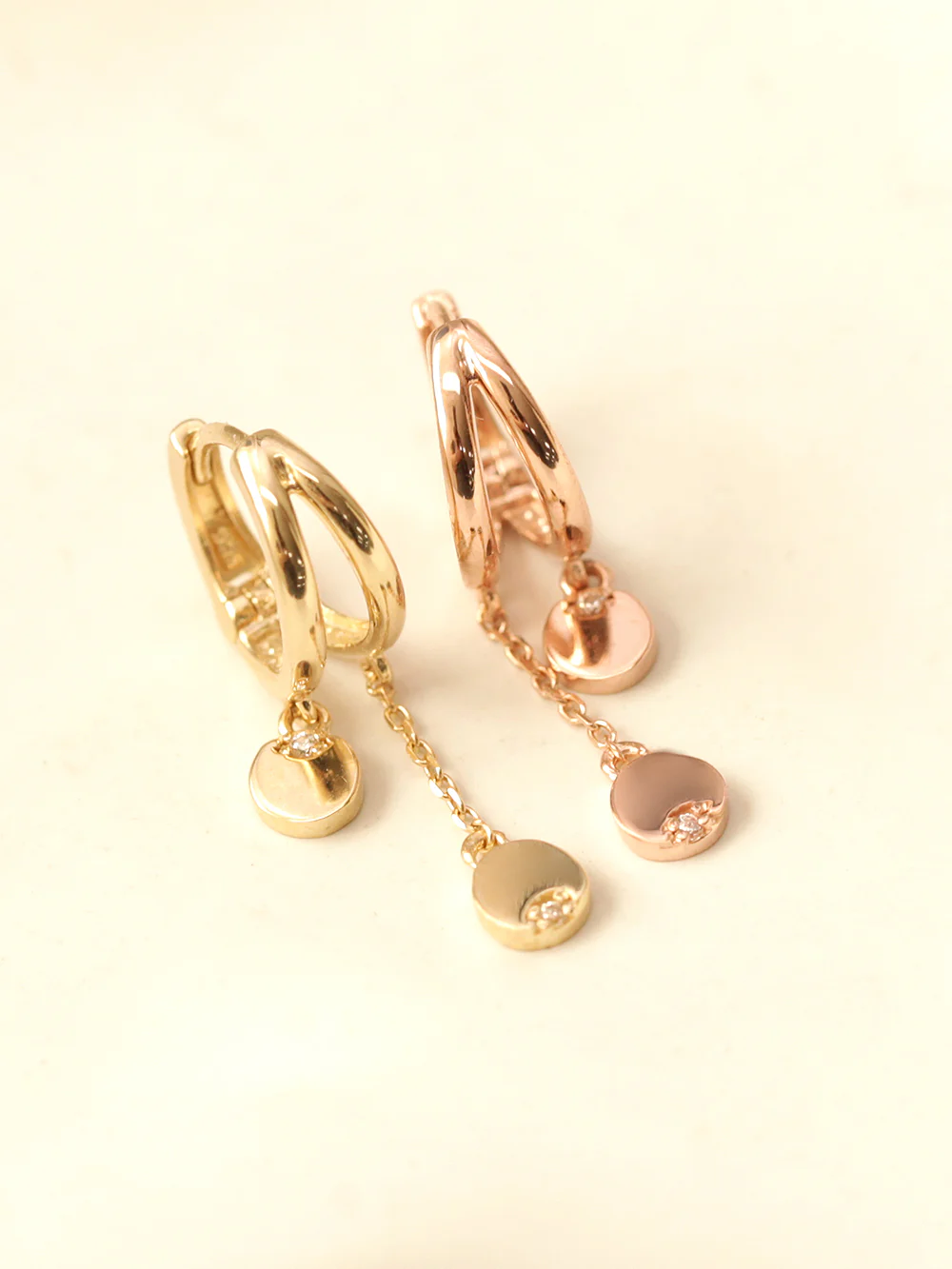 14K Gold Mini Cubic Coin Drop Chain Hoop Earring - Image 10