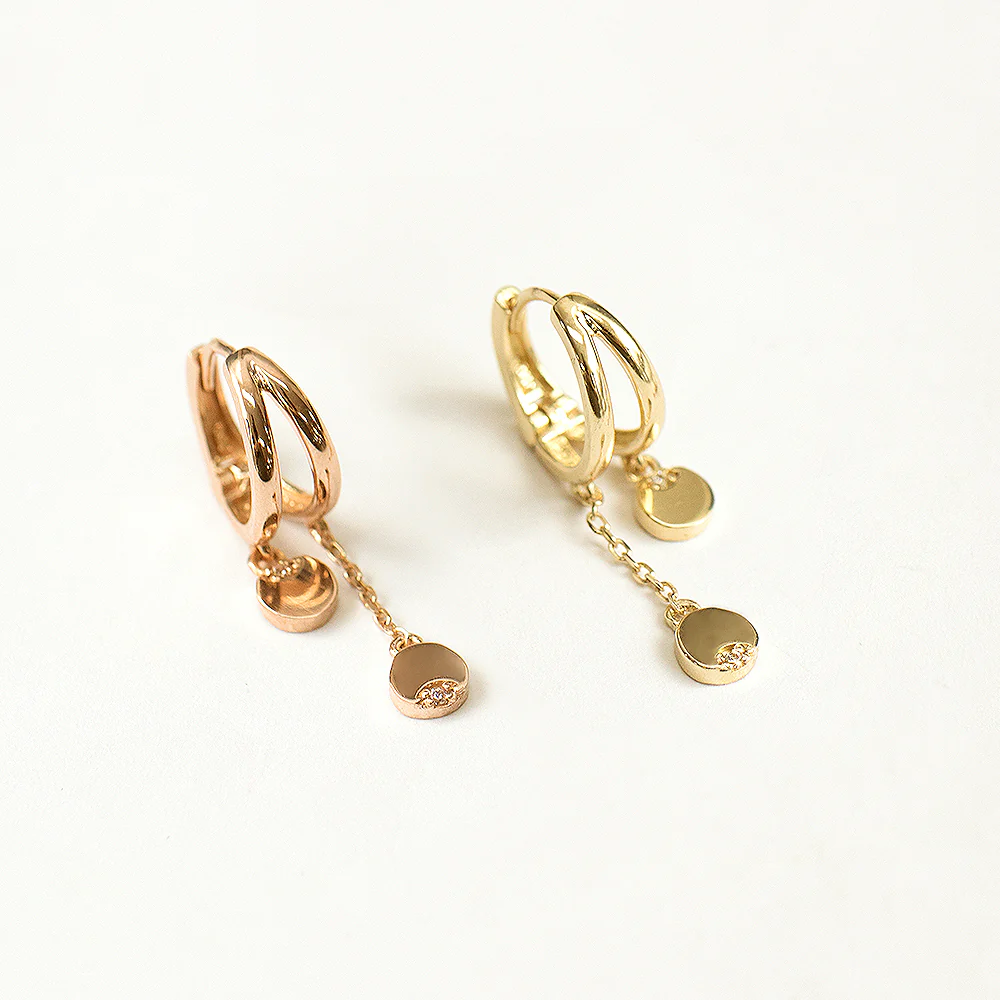 14K Gold Mini Cubic Coin Drop Chain Hoop Earring - Image 11