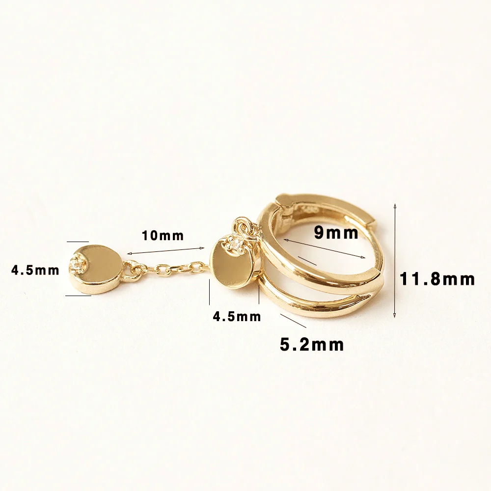 14K Gold Mini Cubic Coin Drop Chain Hoop Earring - Image 12