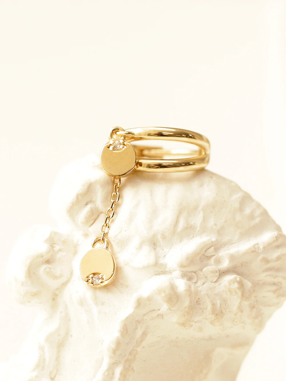 14K Gold Mini Cubic Coin Drop Chain Hoop Earring - Image 8