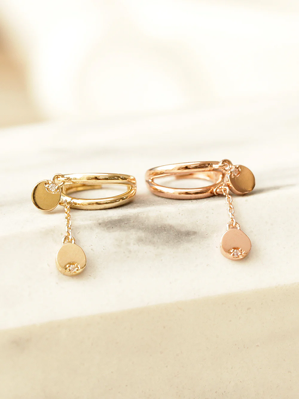 14K Gold Mini Cubic Coin Drop Chain Hoop Earring - Image 9