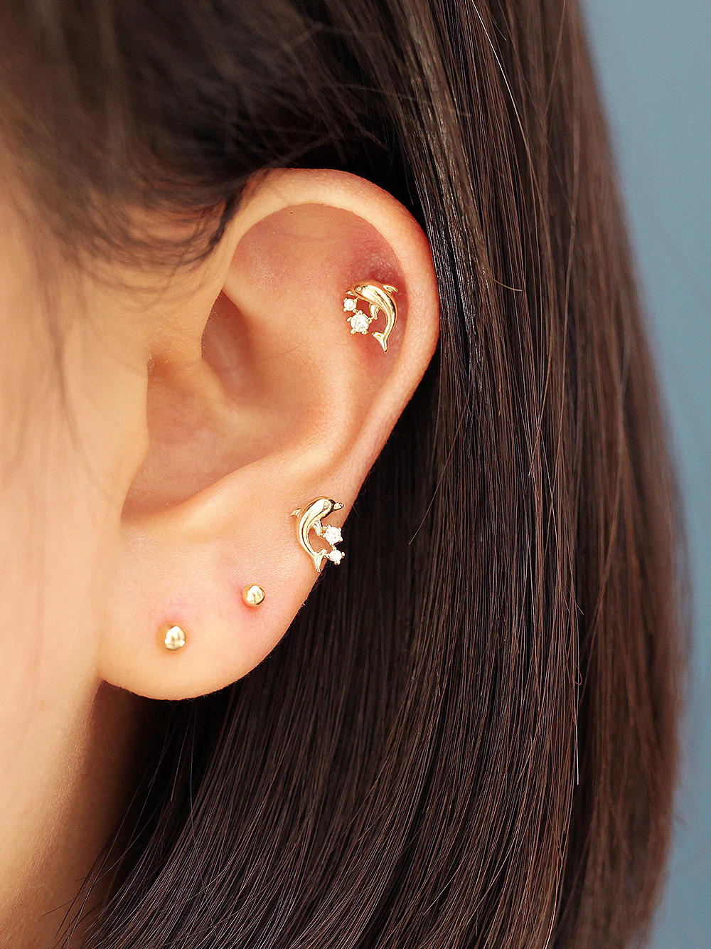 14K Gold Mini Cubic Dolphin Cartilage Earring 20G - Image 7