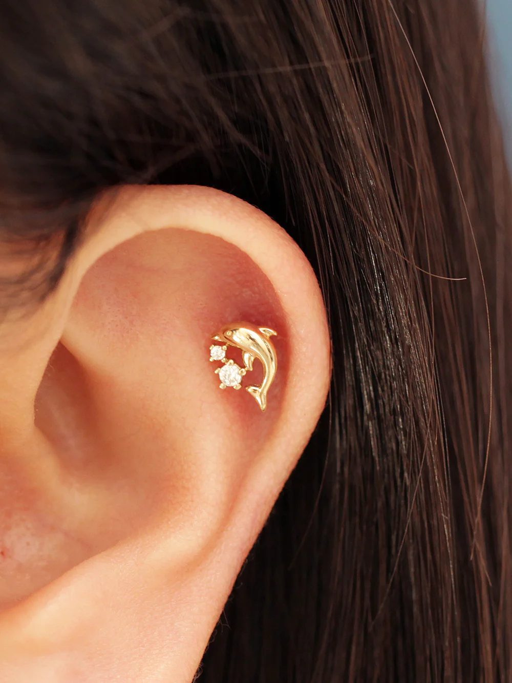14K Gold Mini Cubic Dolphin Cartilage Earring 20G - Image 9