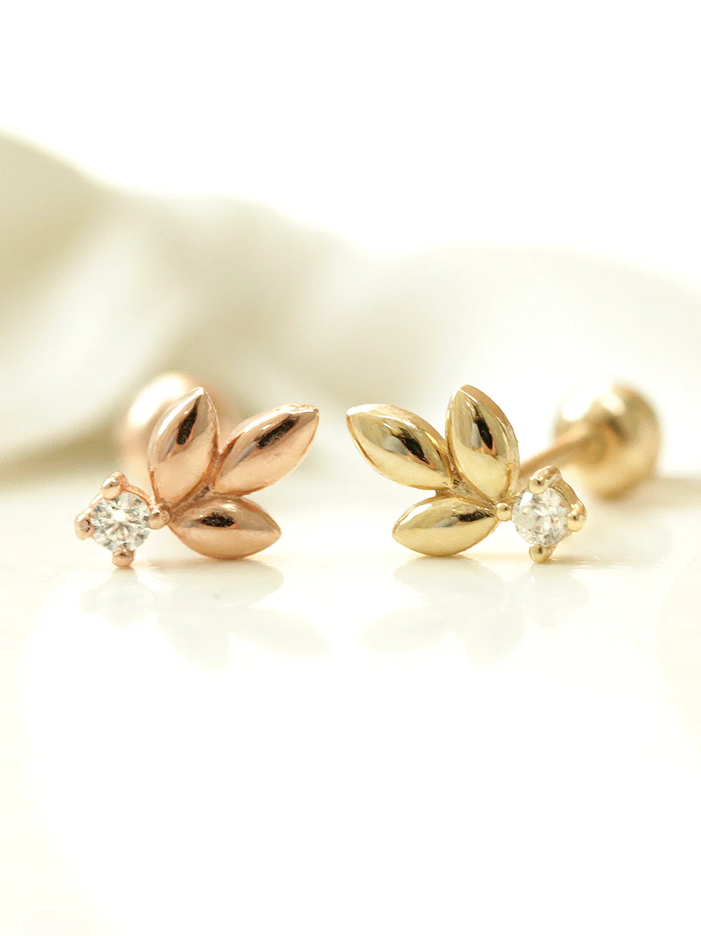 14K Gold Mini Cubic Leaf Cartilage Earring 20G - Image 8