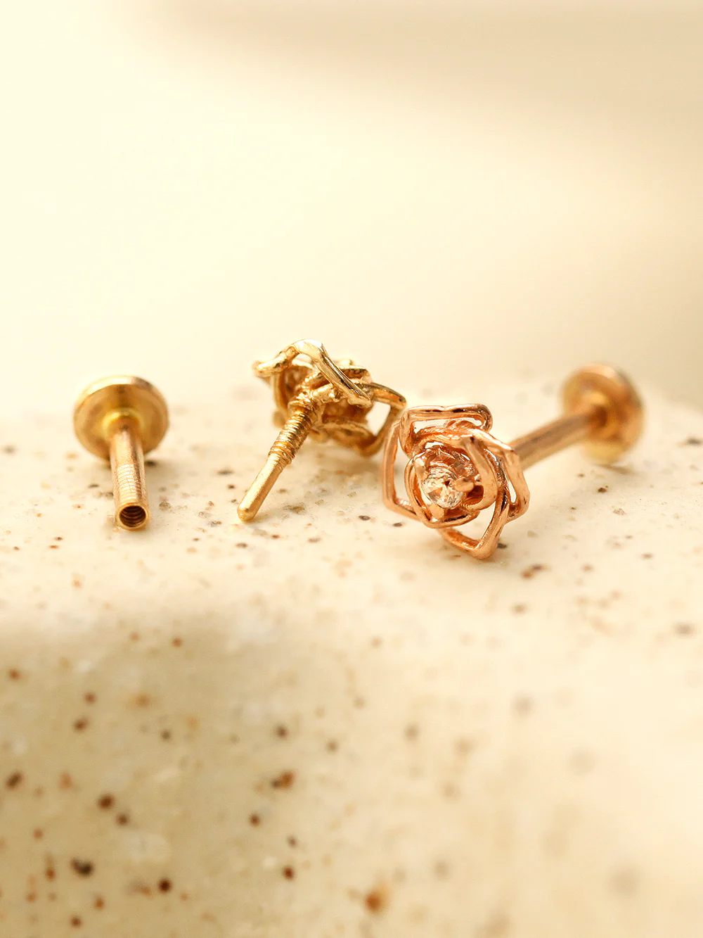 14K Gold Mini Cubic Rose Internally Threaded Labret Piercing 18G16G - Image 5