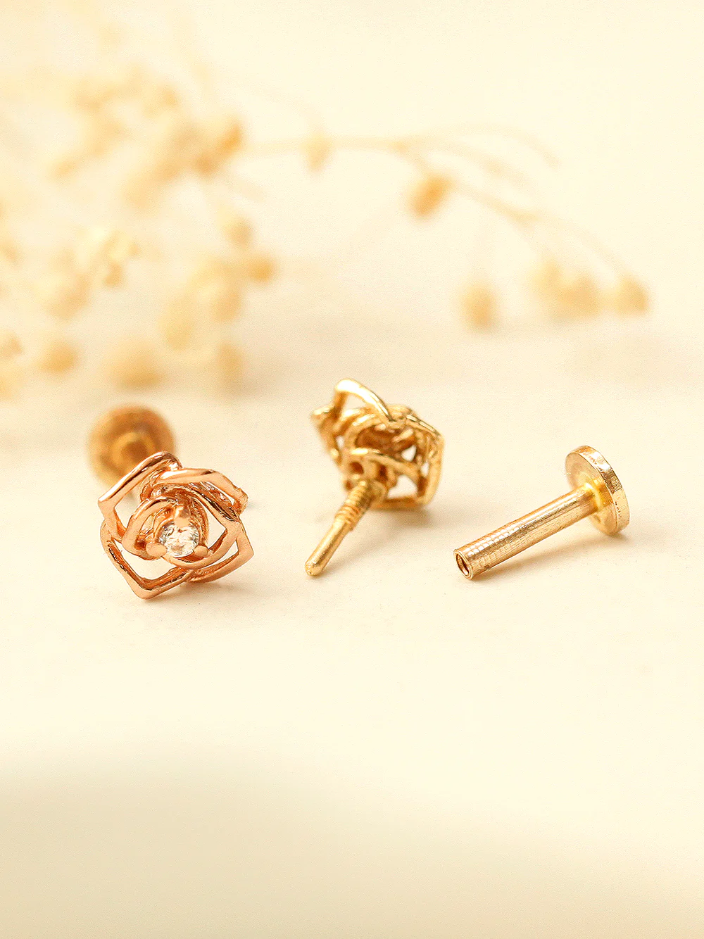 14K Gold Mini Cubic Rose Internally Threaded Labret Piercing 18G16G - Image 7