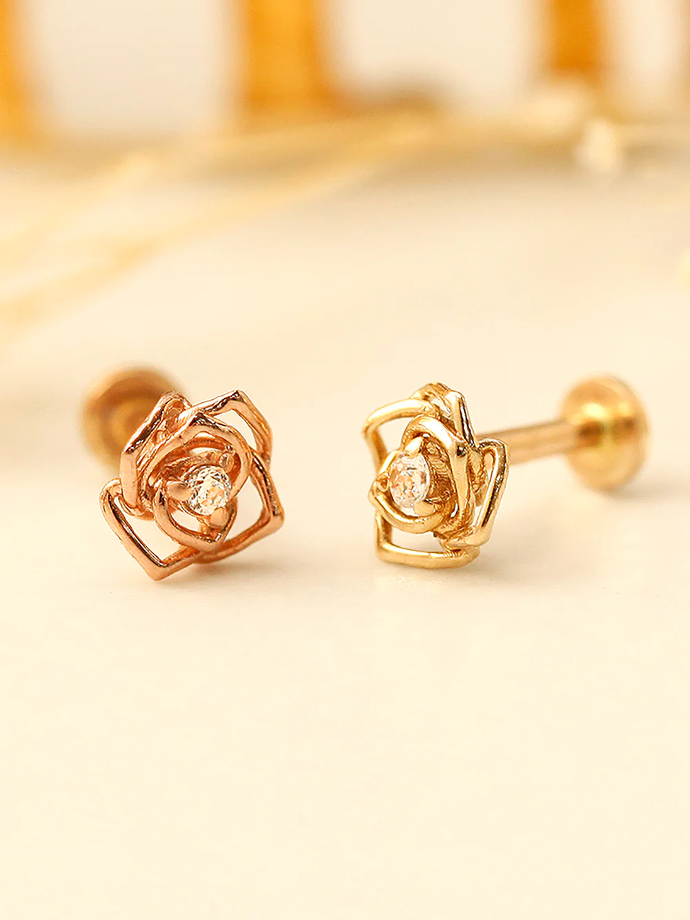 14K Gold Mini Cubic Rose Internally Threaded Labret Piercing 18G16G - Image 8