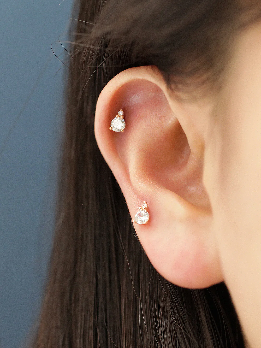 14K Gold Mini Double Cubic Ball Internally Threaded Labret Piercing 18G16G - Image 2