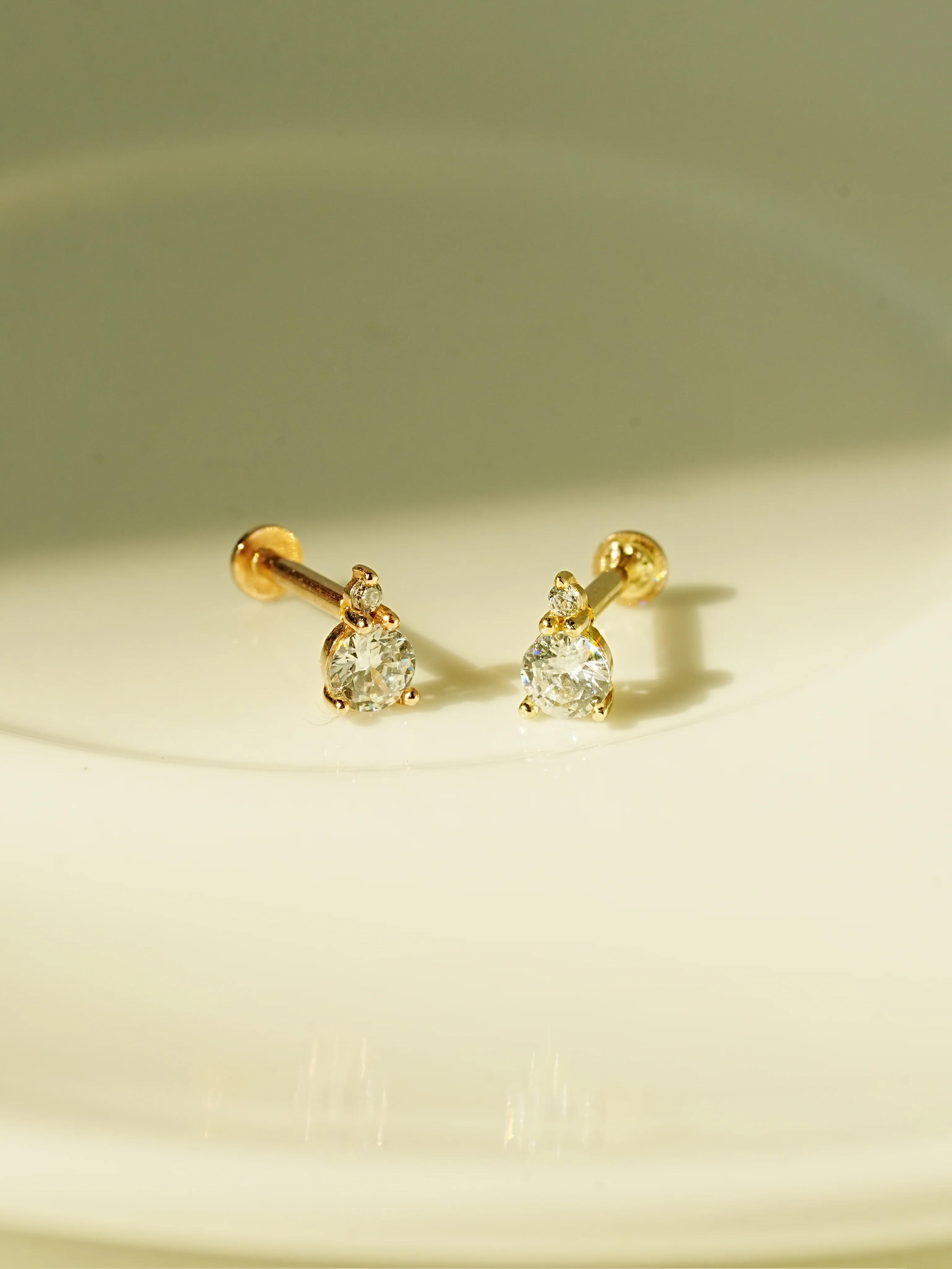 14K Gold Mini Double Cubic Ball Internally Threaded Labret Piercing 18G16G - Image 3