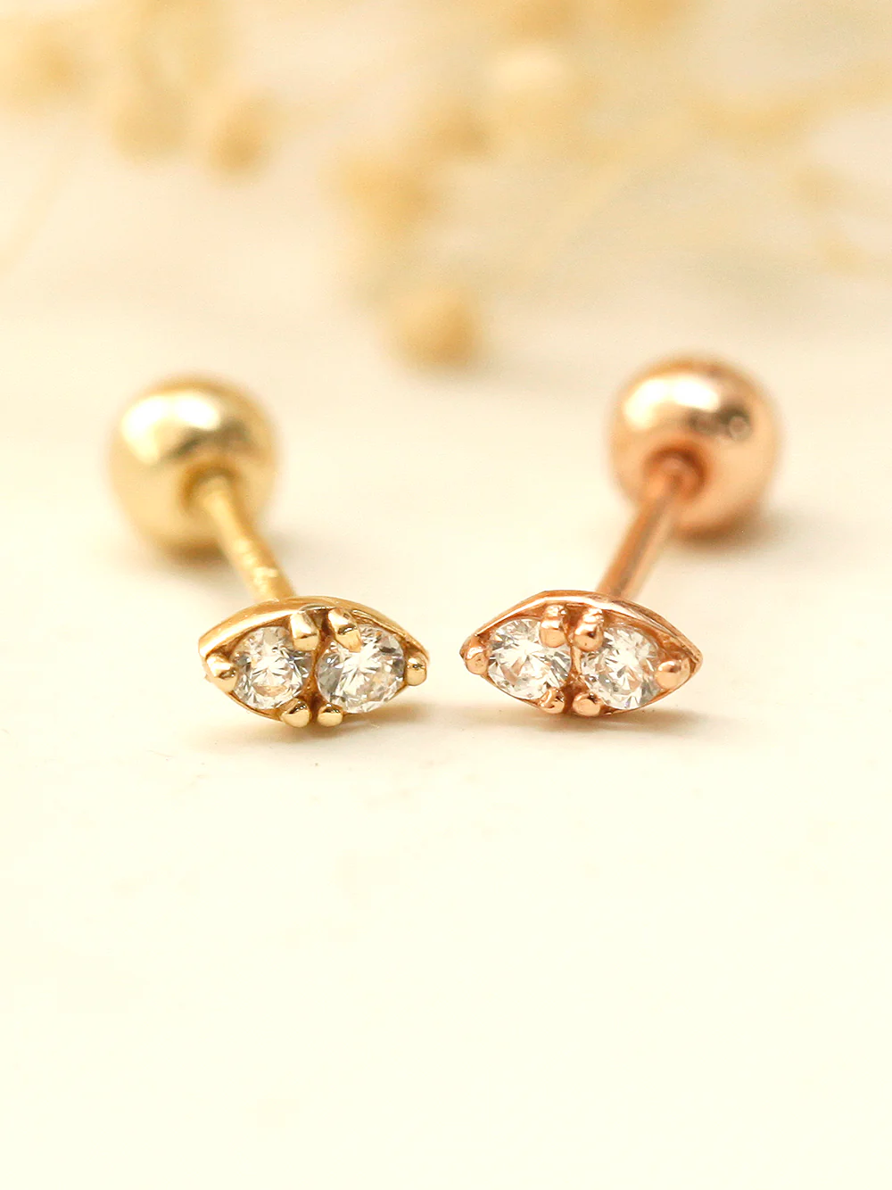 14K Gold Mini Double Cubic Cartilage Earring 20G18G16G - Image 3