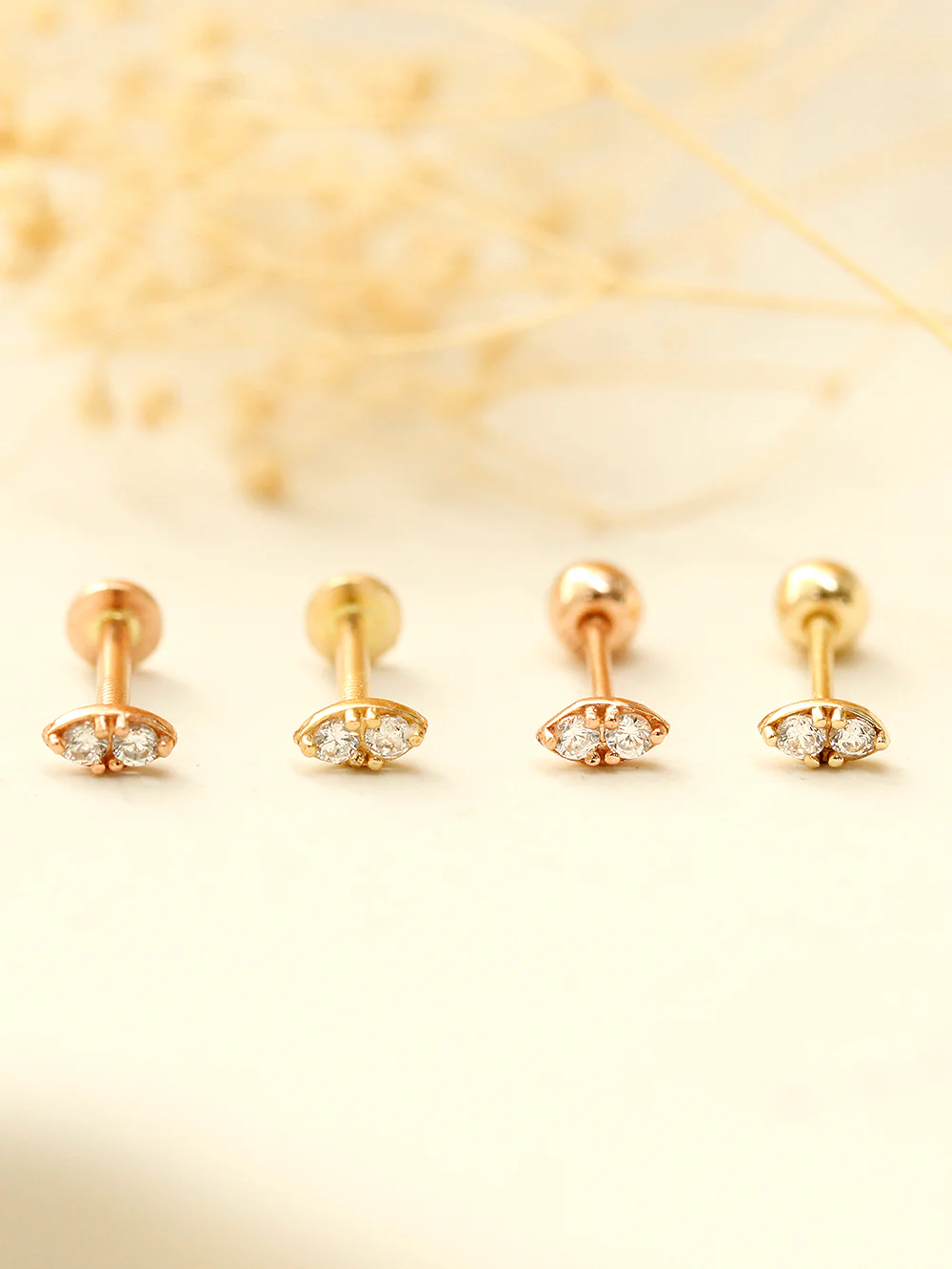 14K Gold Mini Double Cubic Internally Threaded Labret Piercing 18G16G - Image 10
