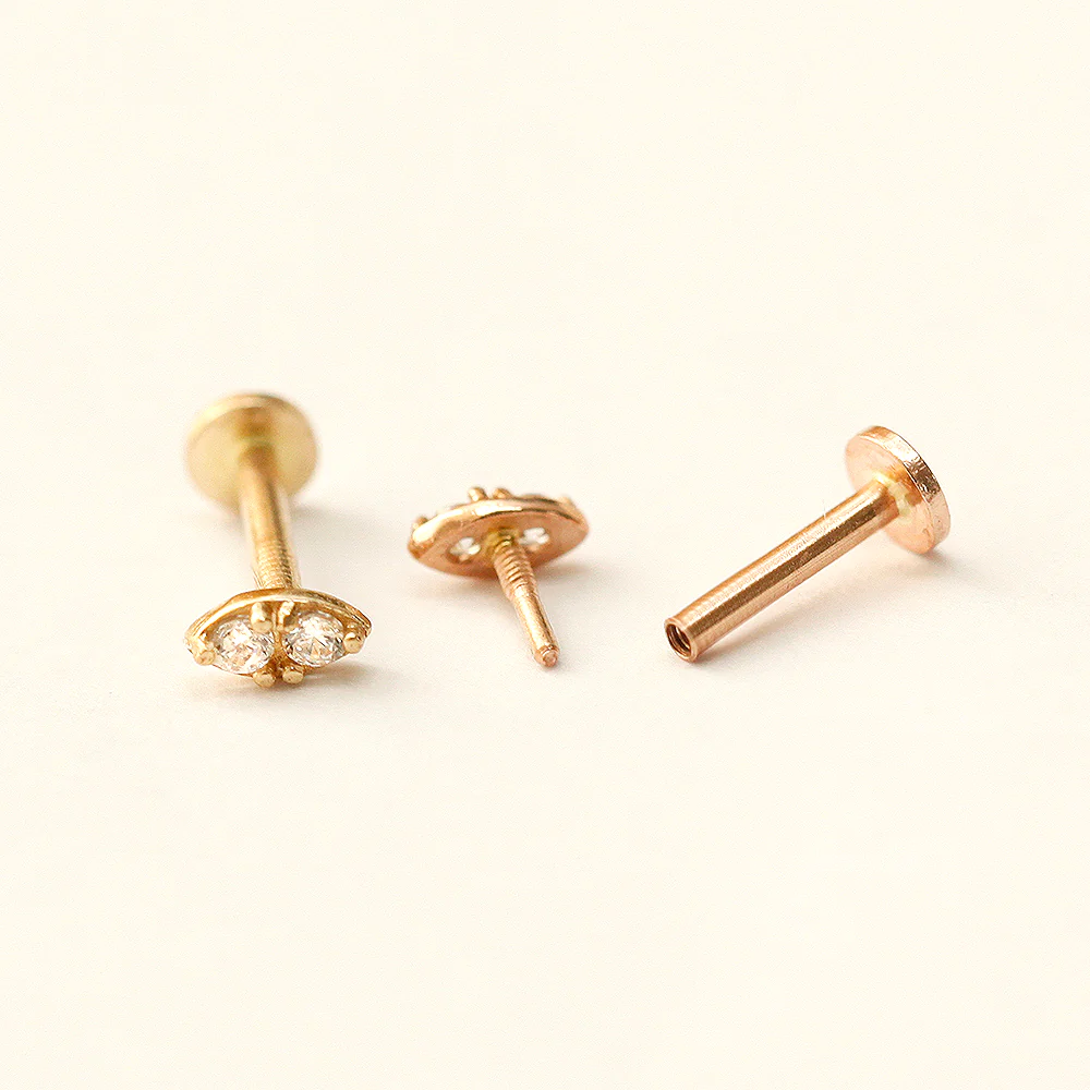 14K Gold Mini Double Cubic Internally Threaded Labret Piercing 18G16G - Image 13