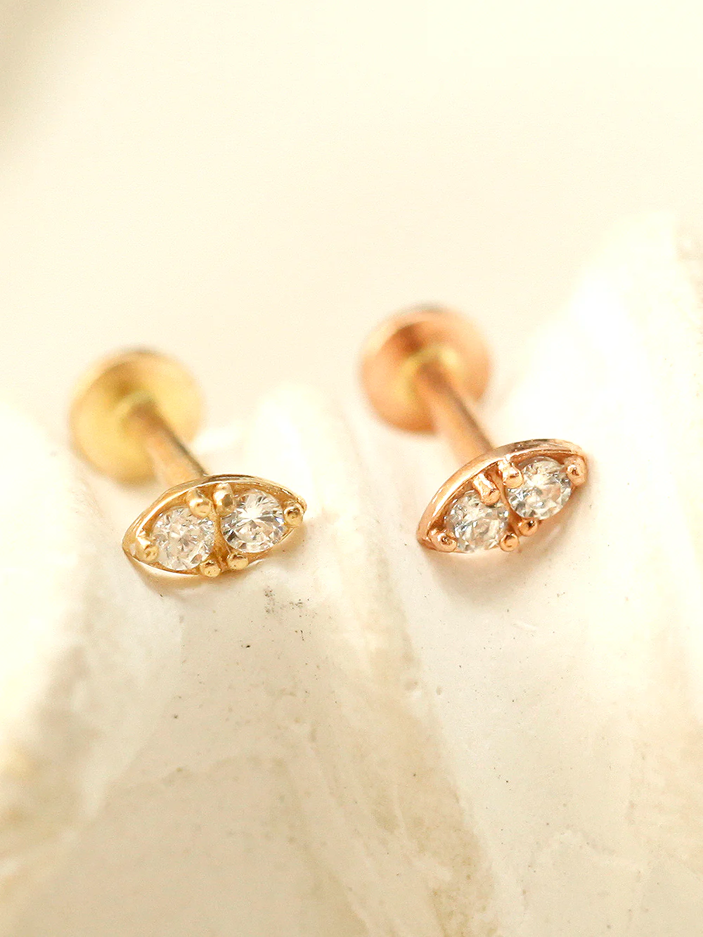 14K Gold Mini Double Cubic Internally Threaded Labret Piercing 18G16G - Image 3