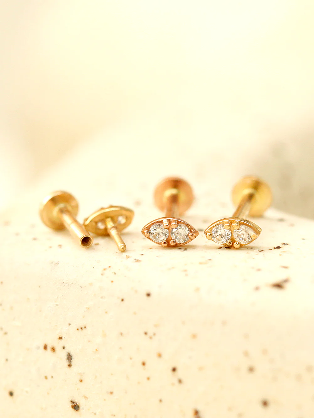 14K Gold Mini Double Cubic Internally Threaded Labret Piercing 18G16G - Image 5
