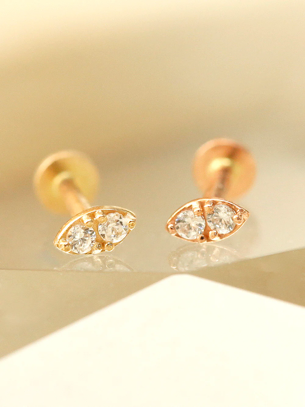 14K Gold Mini Double Cubic Internally Threaded Labret Piercing 18G16G - Image 7