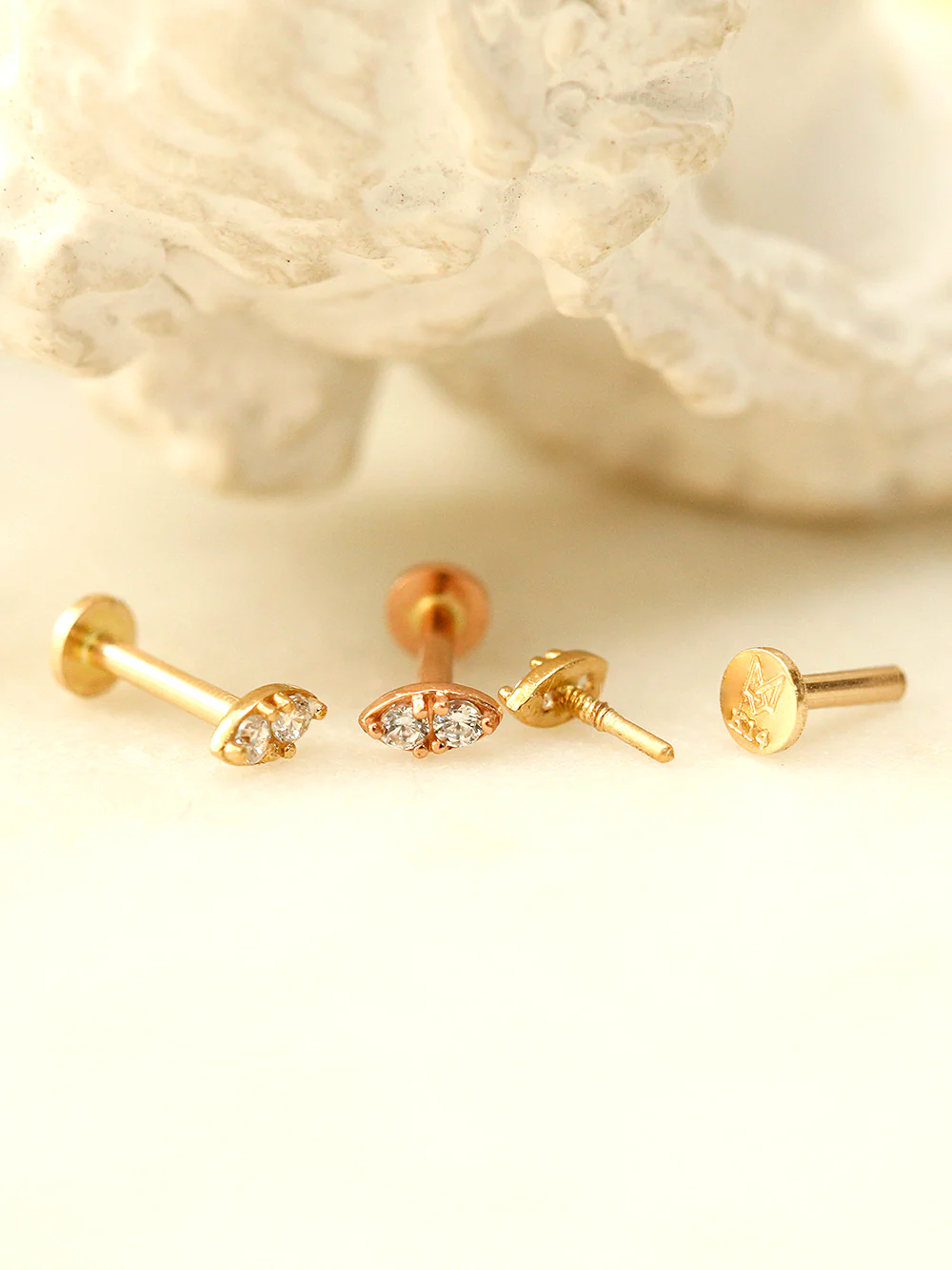 14K Gold Mini Double Cubic Internally Threaded Labret Piercing 18G16G - Image 9