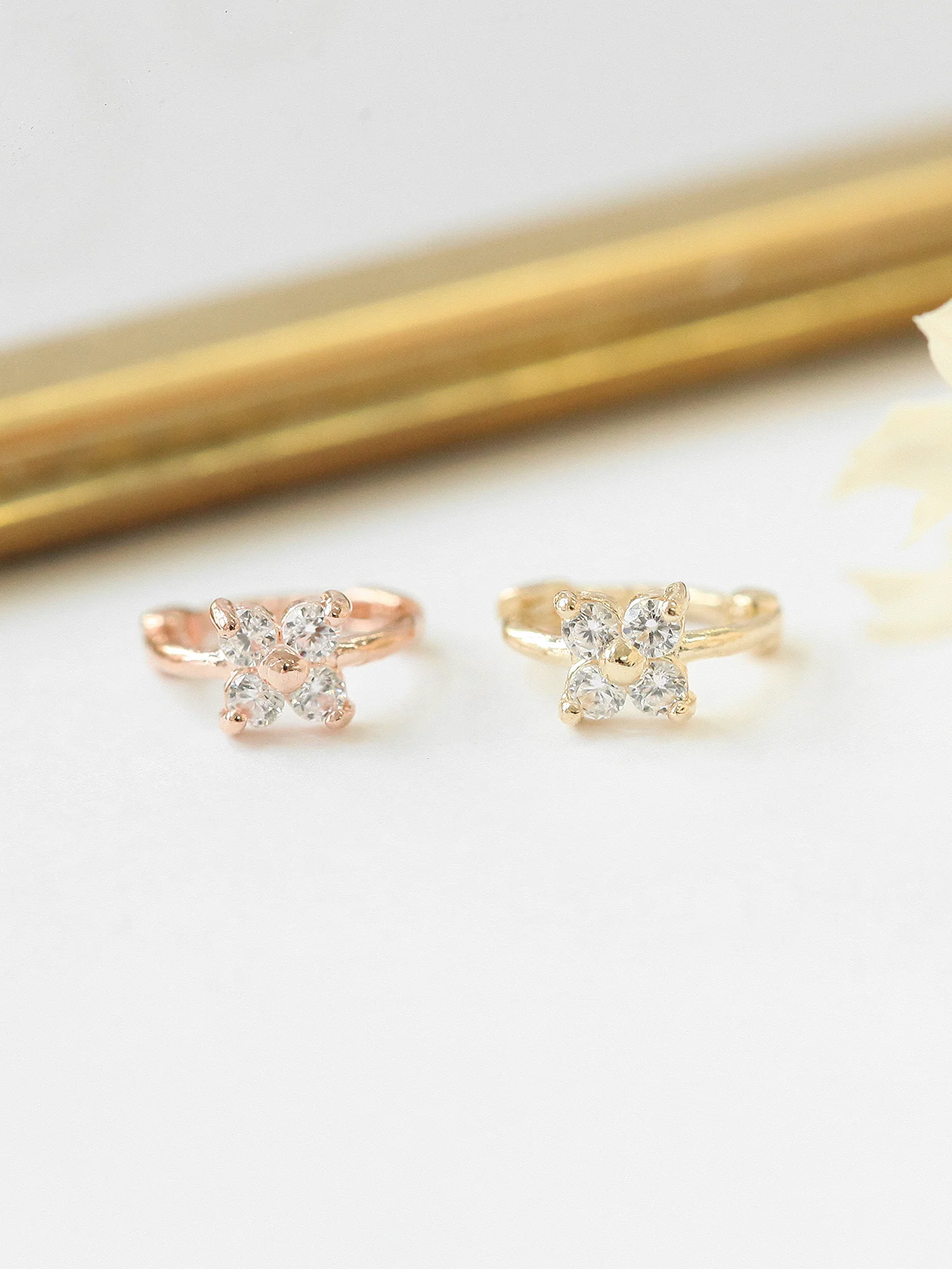 14K Gold Mini Flower Cubic Hoop Earring - Image 3