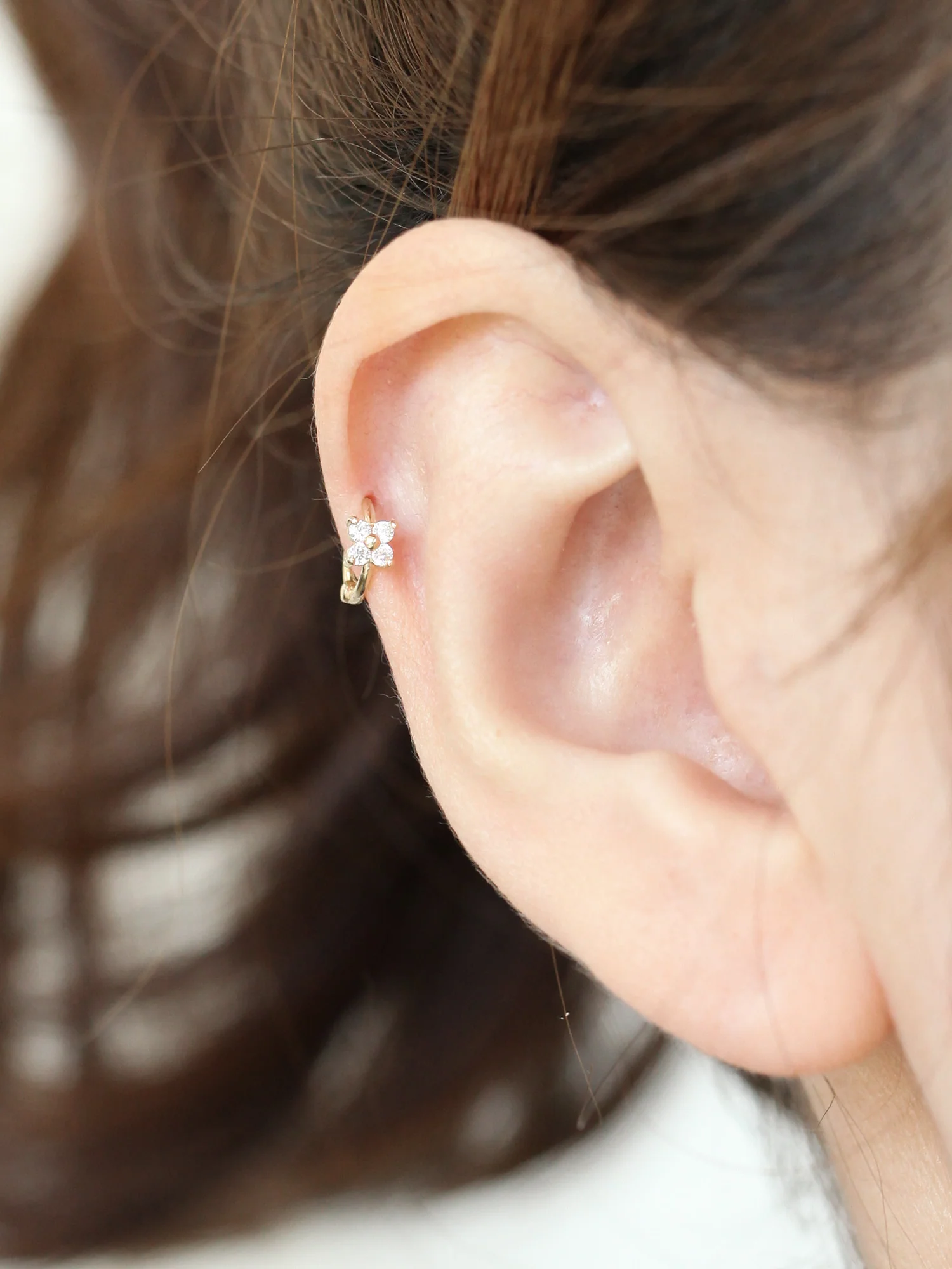 14K Gold Mini Flower Cubic Hoop Earring - Image 5