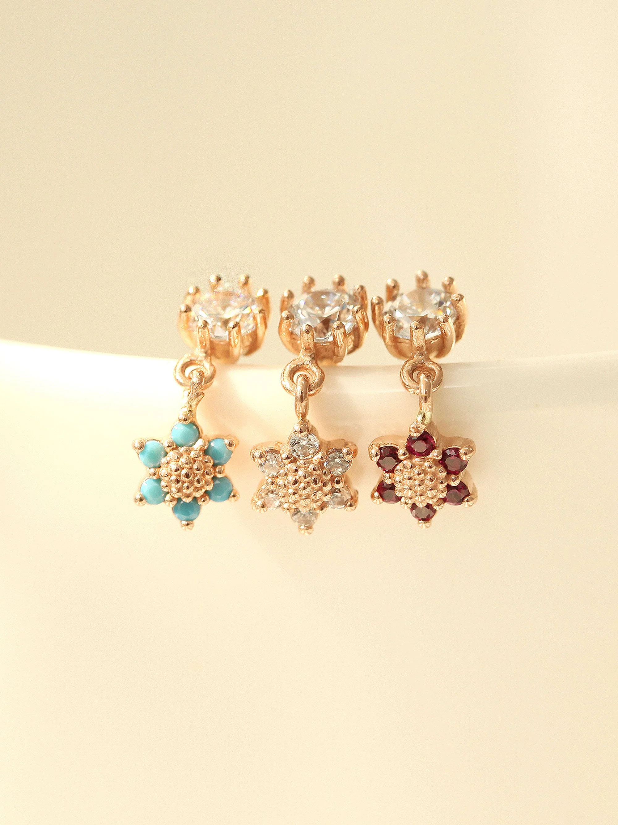 14K Gold Mini Flower Dangle Cartilage Earring 18G16G - Image 3