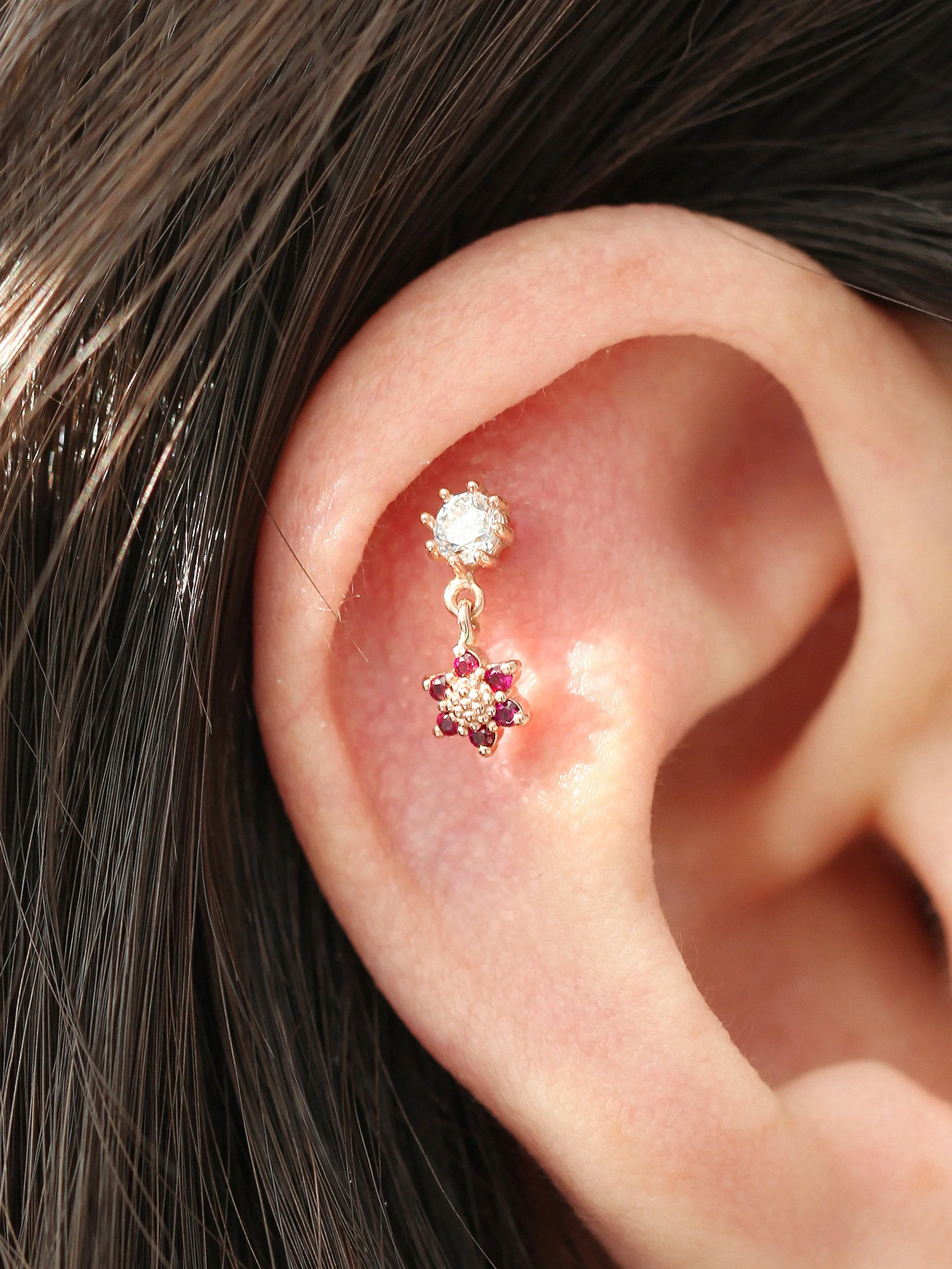 14K Gold Mini Flower Dangle Cartilage Earring 18G16G - Image 5