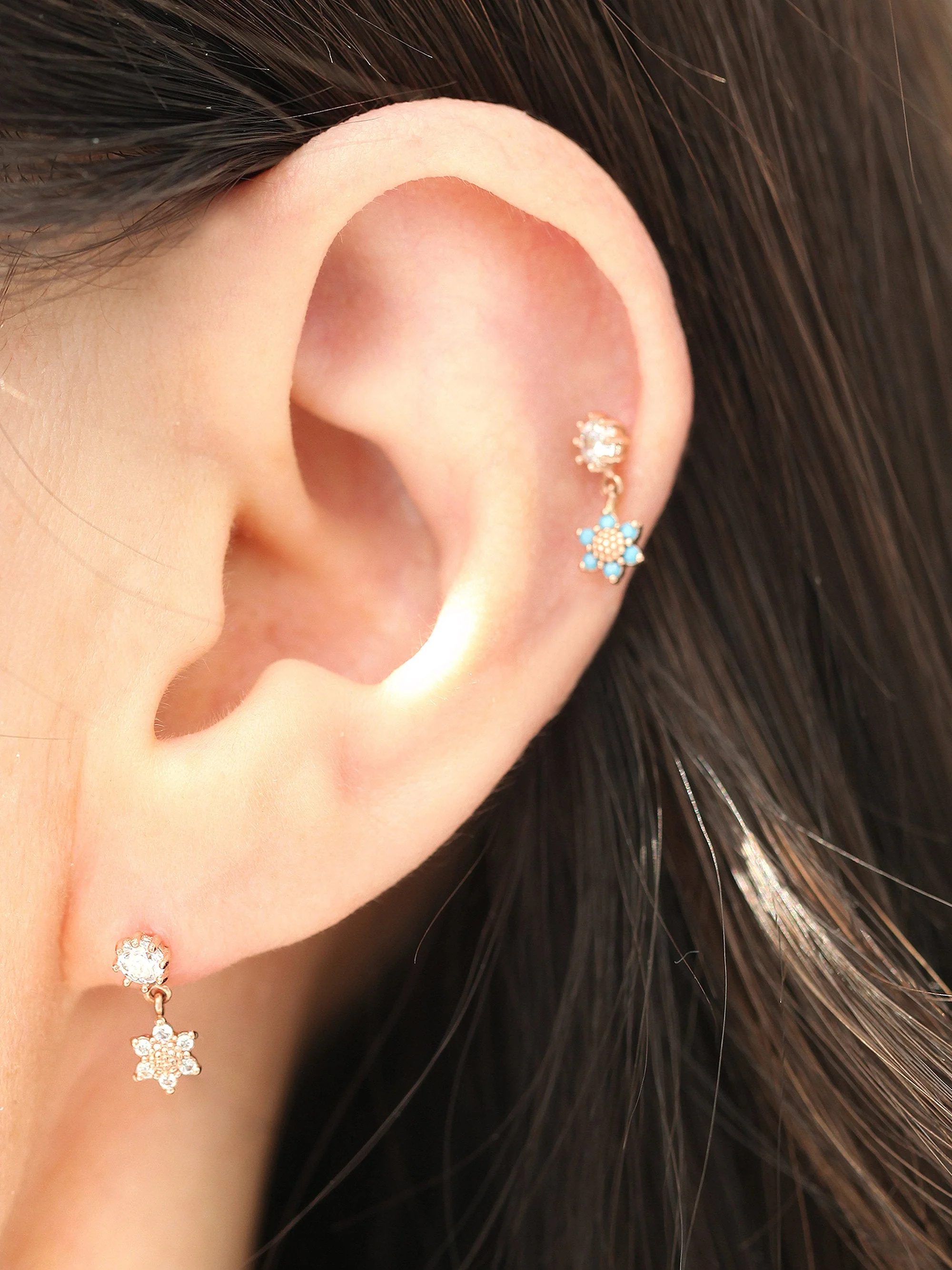 14K Gold Mini Flower Dangle Cartilage Earring 18G16G - Image 6