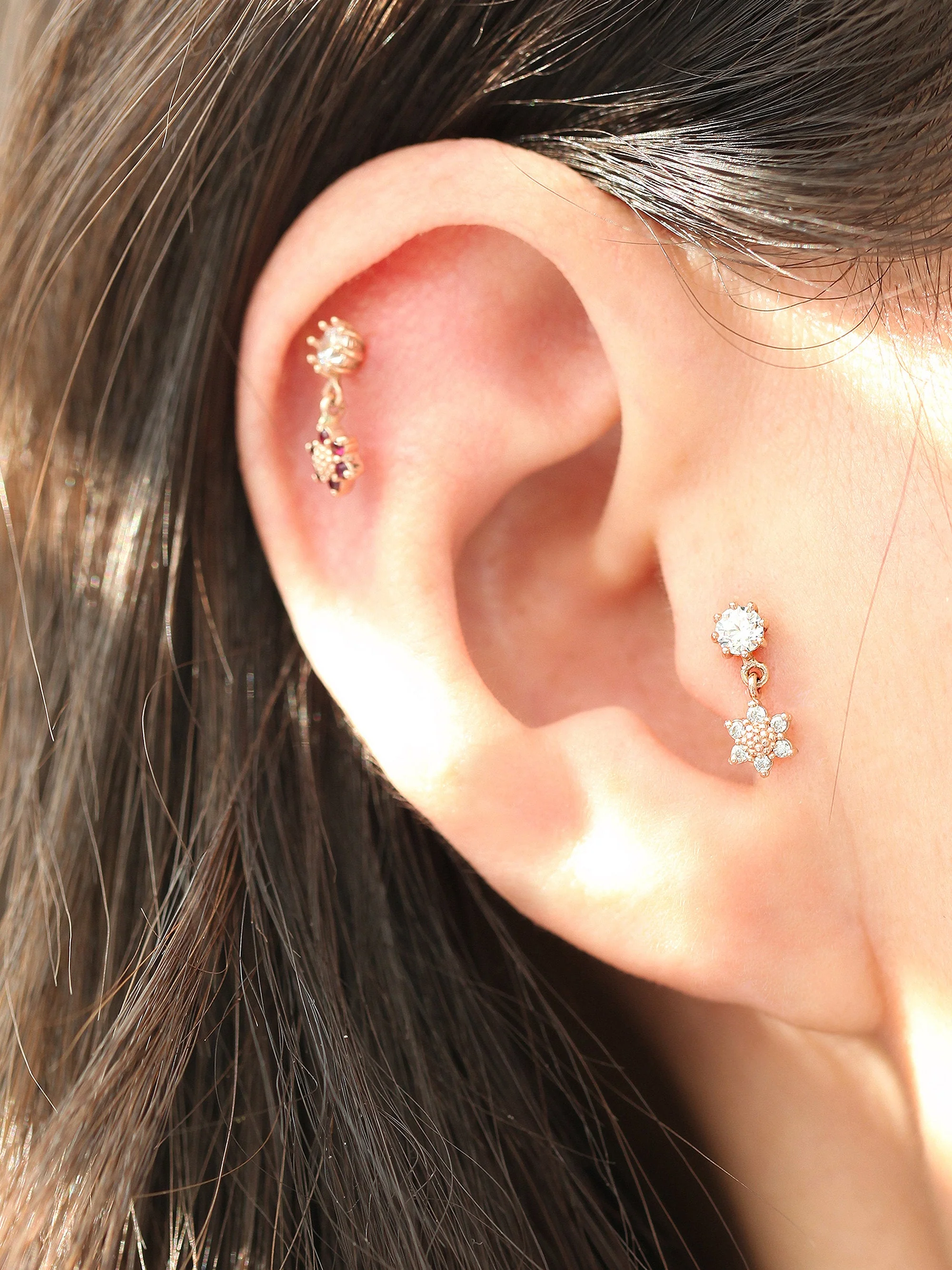 14K Gold Mini Flower Dangle Cartilage Earring 18G16G - Image 7