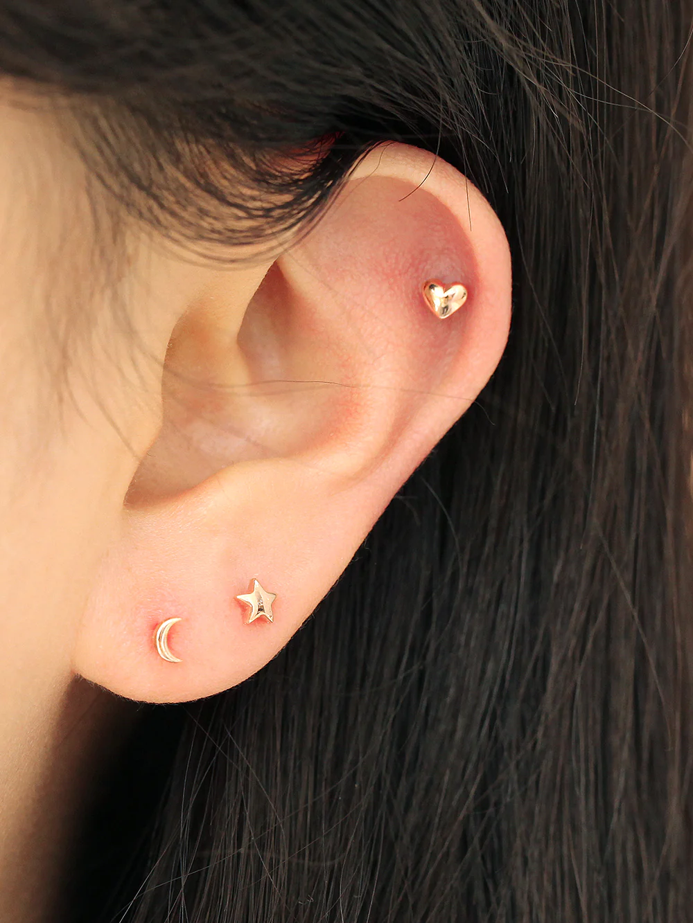 14K Gold Mini Heart,Star,Crescent Stud Earring - Image 3