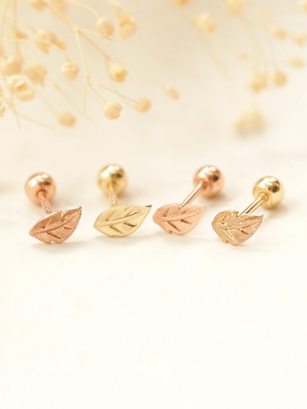 14K Gold Mini Leaf Cartilage Earring 20G18G16G