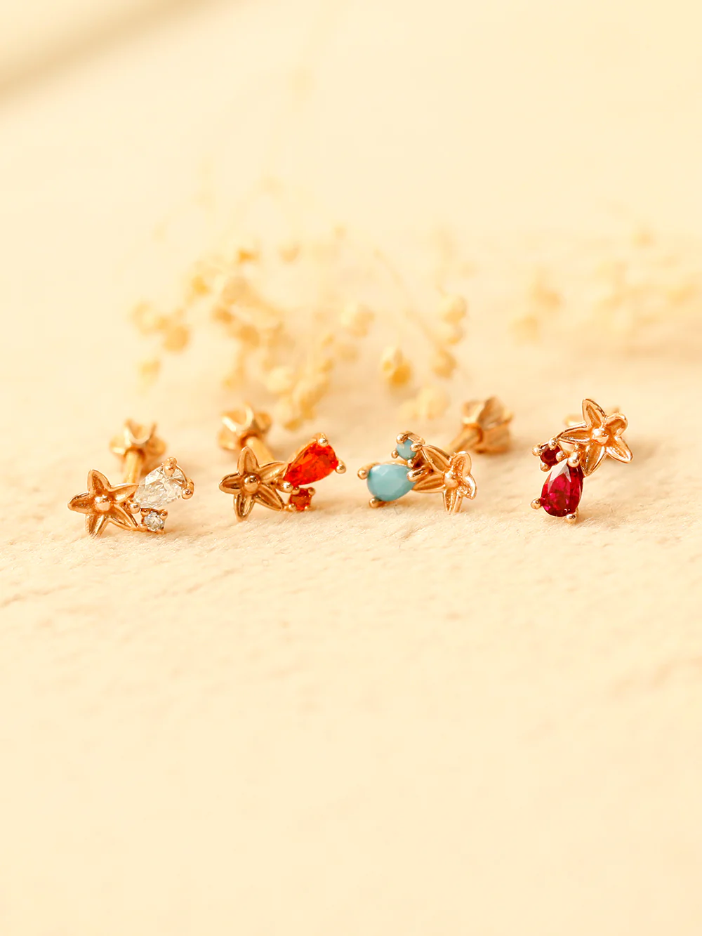 14K Gold Mini Maple Color CZ Cartilage Earring 18G16G - Image 3