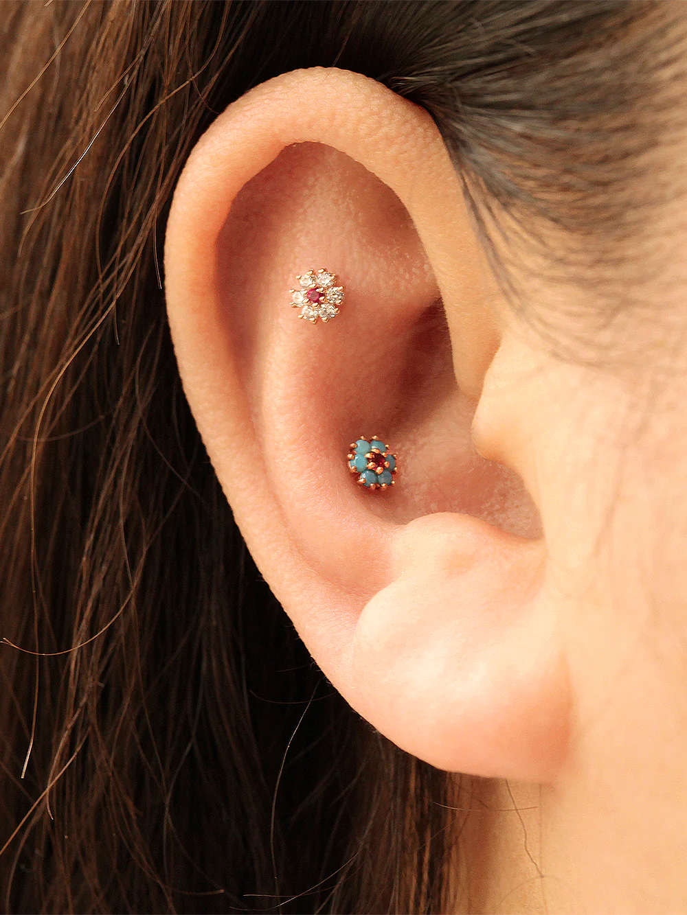 14K Gold Mini Ruby Cosmos Cartilage Earring 18G16G - Image 4