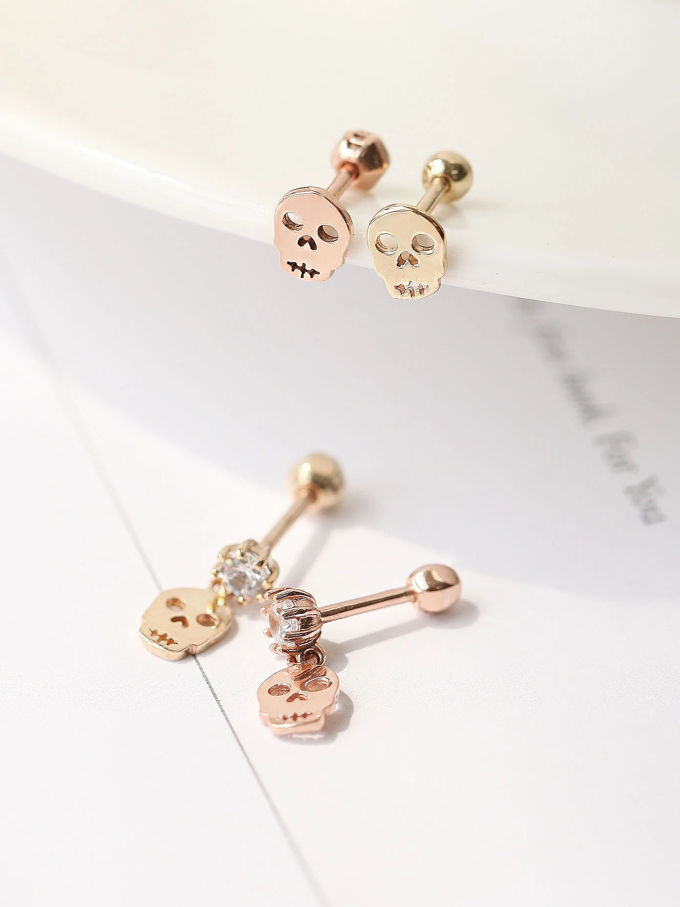 14K Gold Mini Skull Drop Cartilage Earring 18G16G