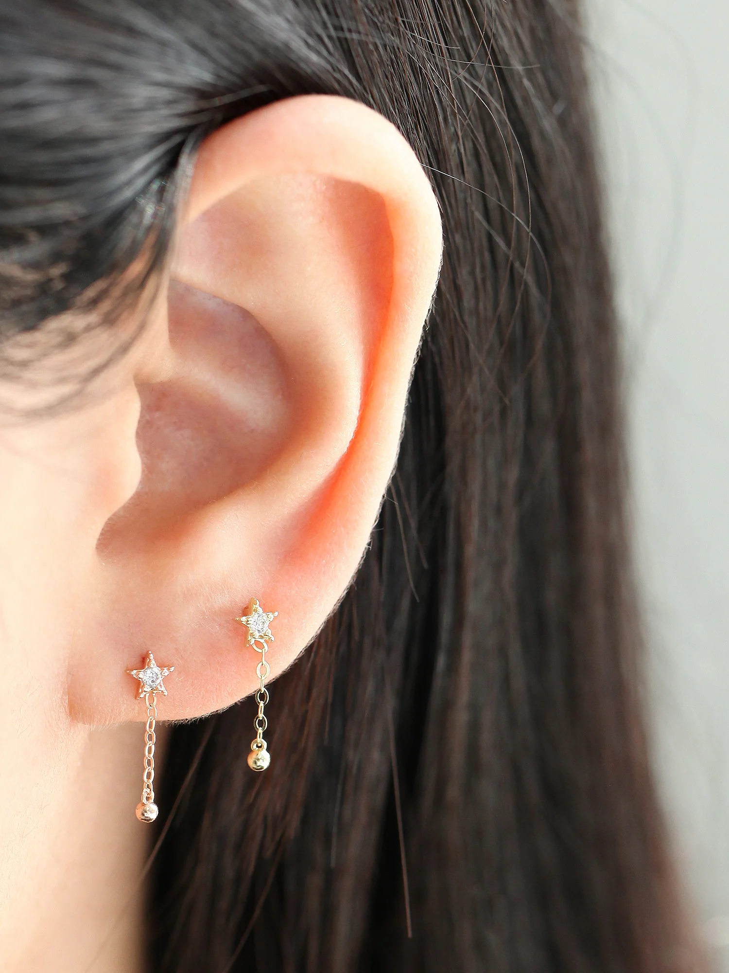 14K Gold Mini Star Drop Chain Cartilage Earring 20G