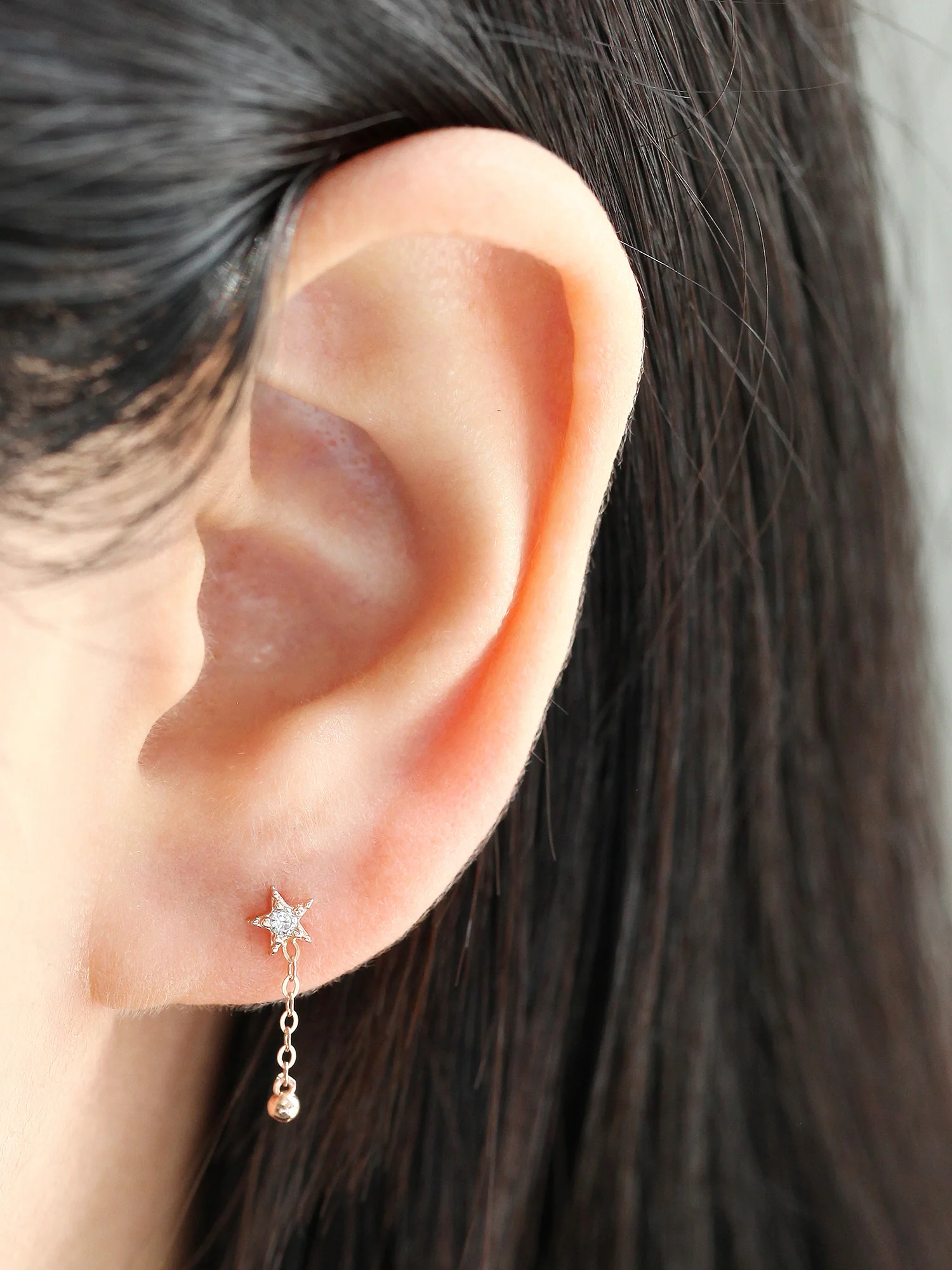 14K Gold Mini Star Drop Chain Cartilage Earring 20G - Image 2