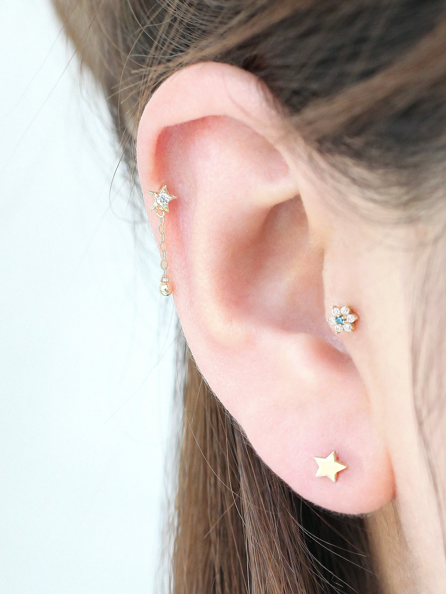 14K Gold Mini Star Drop Chain Cartilage Earring 20G - Image 3