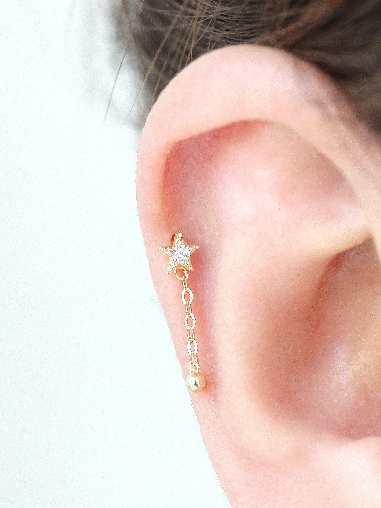 14K Gold Mini Star Drop Chain Cartilage Earring 20G - Image 4