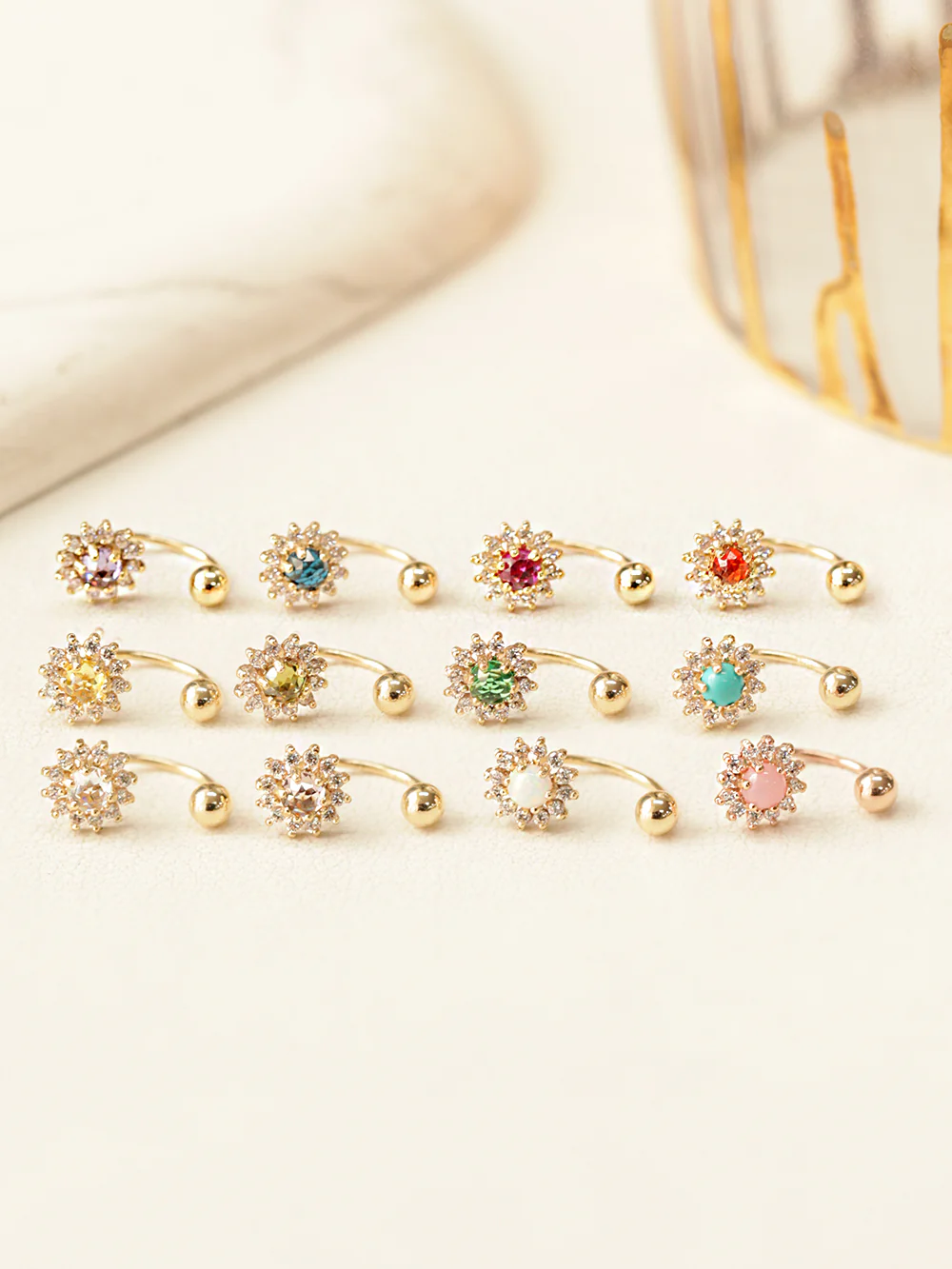 14K Gold Rose-Cut Sunflower Curve Piercing 20G - Image 2